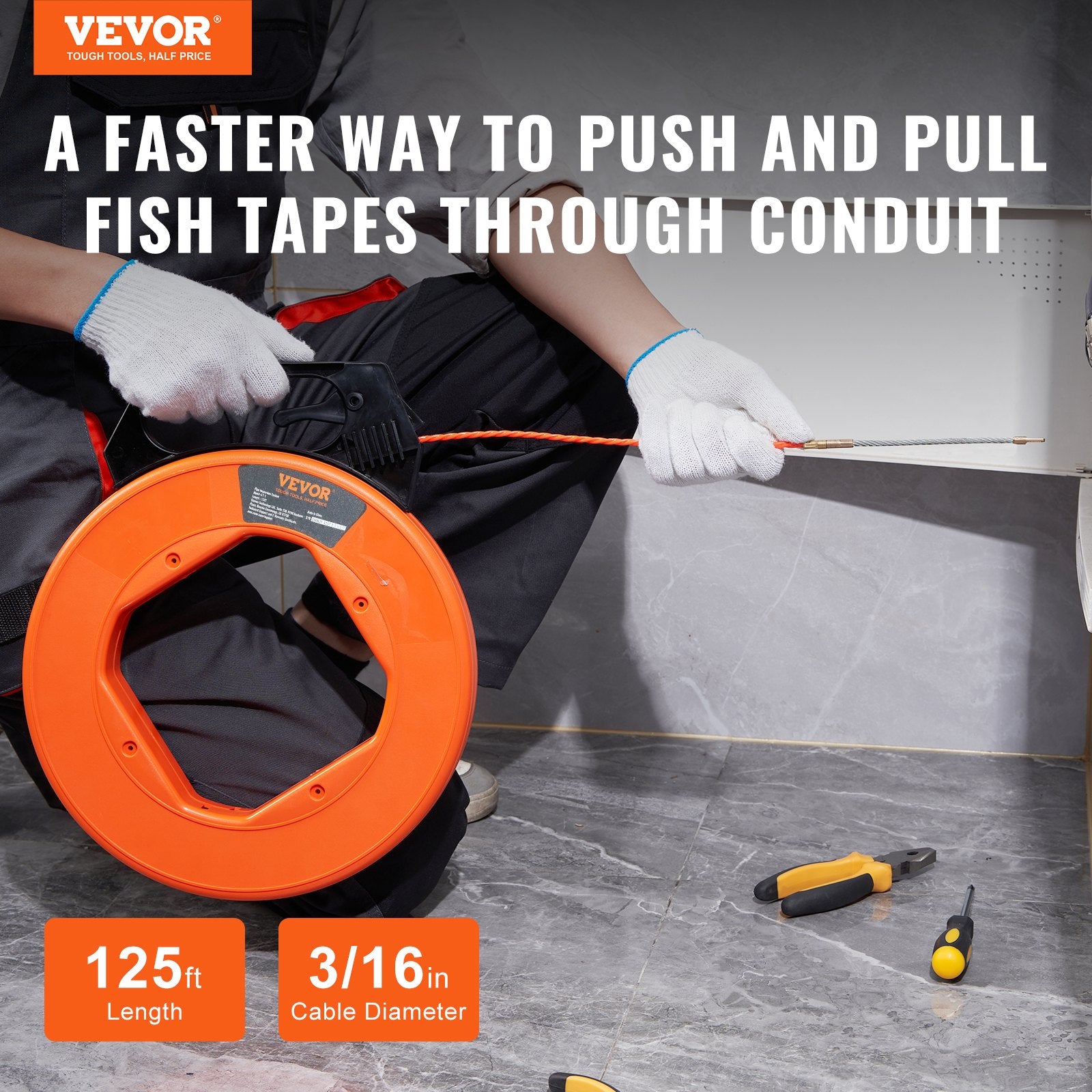 Power & Electrical Supplies: VEVOR Fish Tape, 38.1 m Length, 4.5 mm, PET Wire Puller with Optimized Housing and Handle, Easy-to-Use Cable Puller Tool, Flexible Wire Fishing Tools for Walls and Electrical Conduit, Non-Conductive