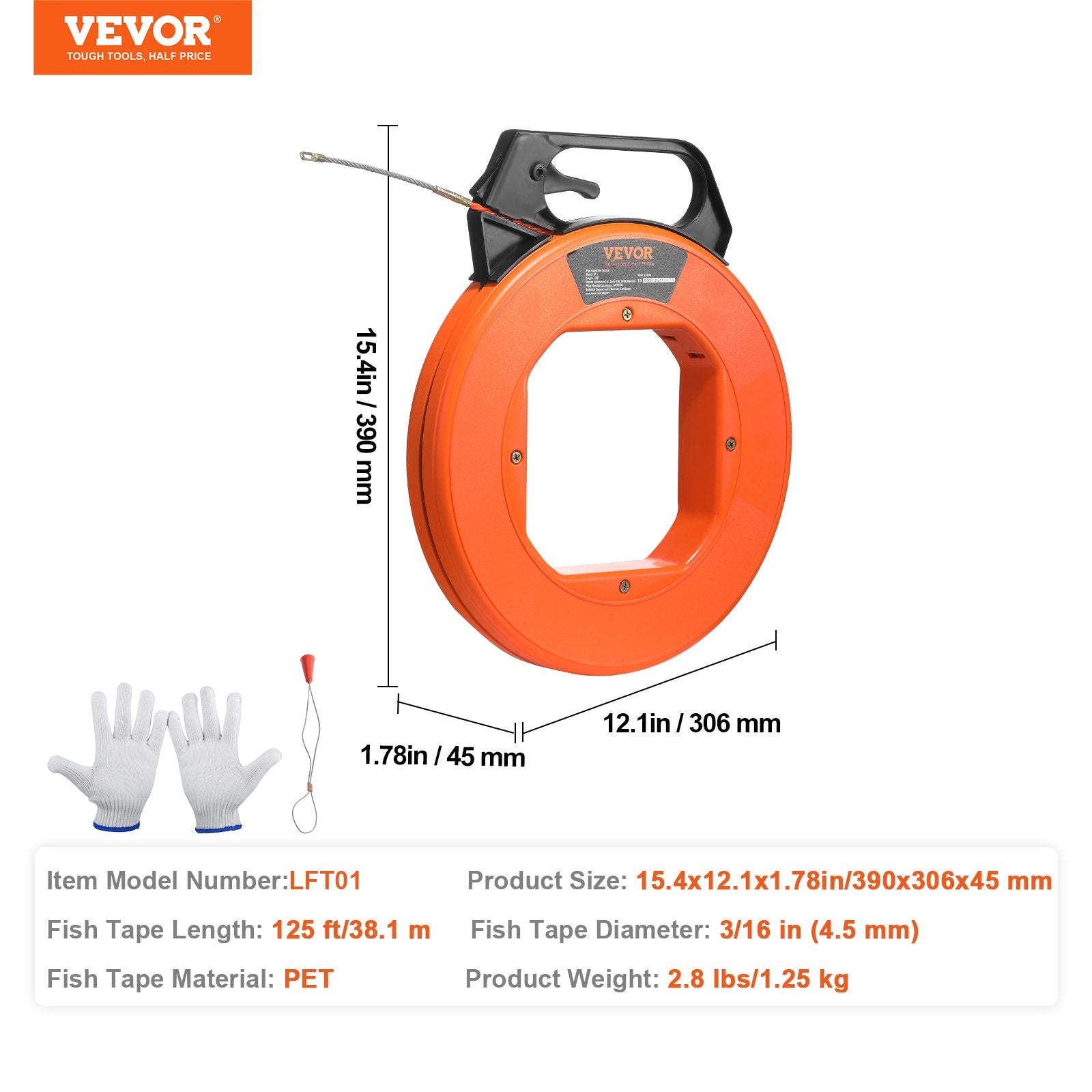 Power & Electrical Supplies: VEVOR Fish Tape, 38.1 m Length, 4.5 mm, PET Wire Puller with Optimized Housing and Handle, Easy-to-Use Cable Puller Tool, Flexible Wire Fishing Tools for Walls and Electrical Conduit, Non-Conductive