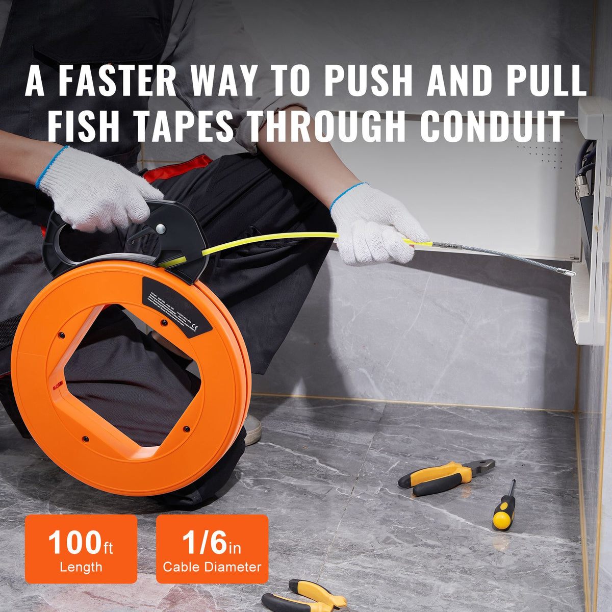 Fish Tape, 30.5 m, 4.2 mm, Fiberglass Wire Puller with Optimized Housing and Handle, Easy-to-Use Cable Puller Tool, Flexible Wire Fishing Tools for Wall and Electrical Conduit, Non-Conductive