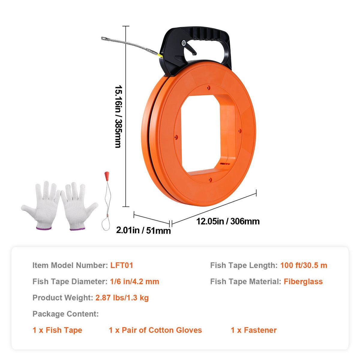 Fish Tape, 30.5 m, 4.2 mm, Fiberglass Wire Puller with Optimized Housing and Handle, Easy-to-Use Cable Puller Tool, Flexible Wire Fishing Tools for Wall and Electrical Conduit, Non-Conductive