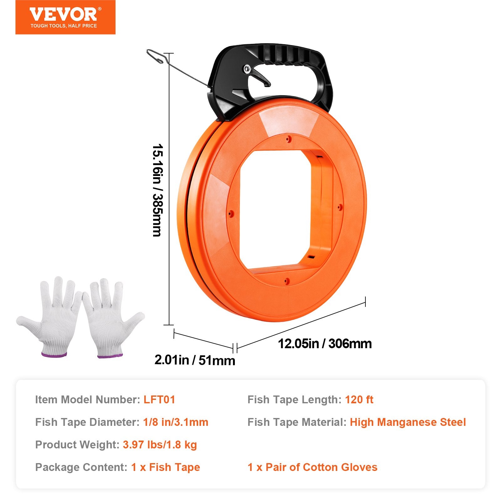 Power & Electrical Supplies: VEVOR Fish Tape, 36.58 m, 3 mm, Steel Wire Puller with Optimized Housing and Handle, Easy-to-Use Cable Puller Tool, Flexible Wire Fishing Tools for Walls and Electrical Conduit, Non-Conductive