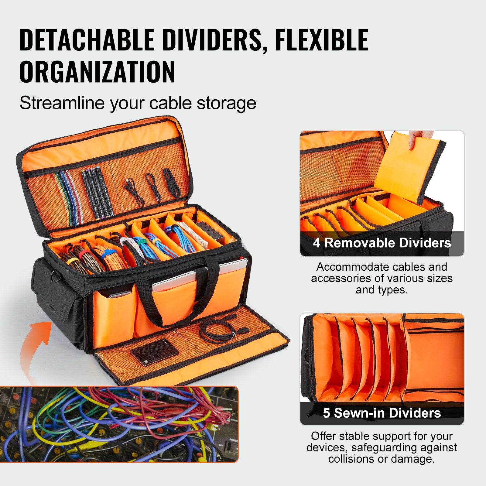 Cat Carriers & Crates: VEVOR DJ Cable File Bag, 1200D Oxford Fabric, DJ Gig Bag with 9 Detachable Divider 4.92 ft Padded Shoulder Strap Plastic Bottom Pad, 600 x 300 x 325 mm DJ Wire Bag for DJ Gear Musical Accessories