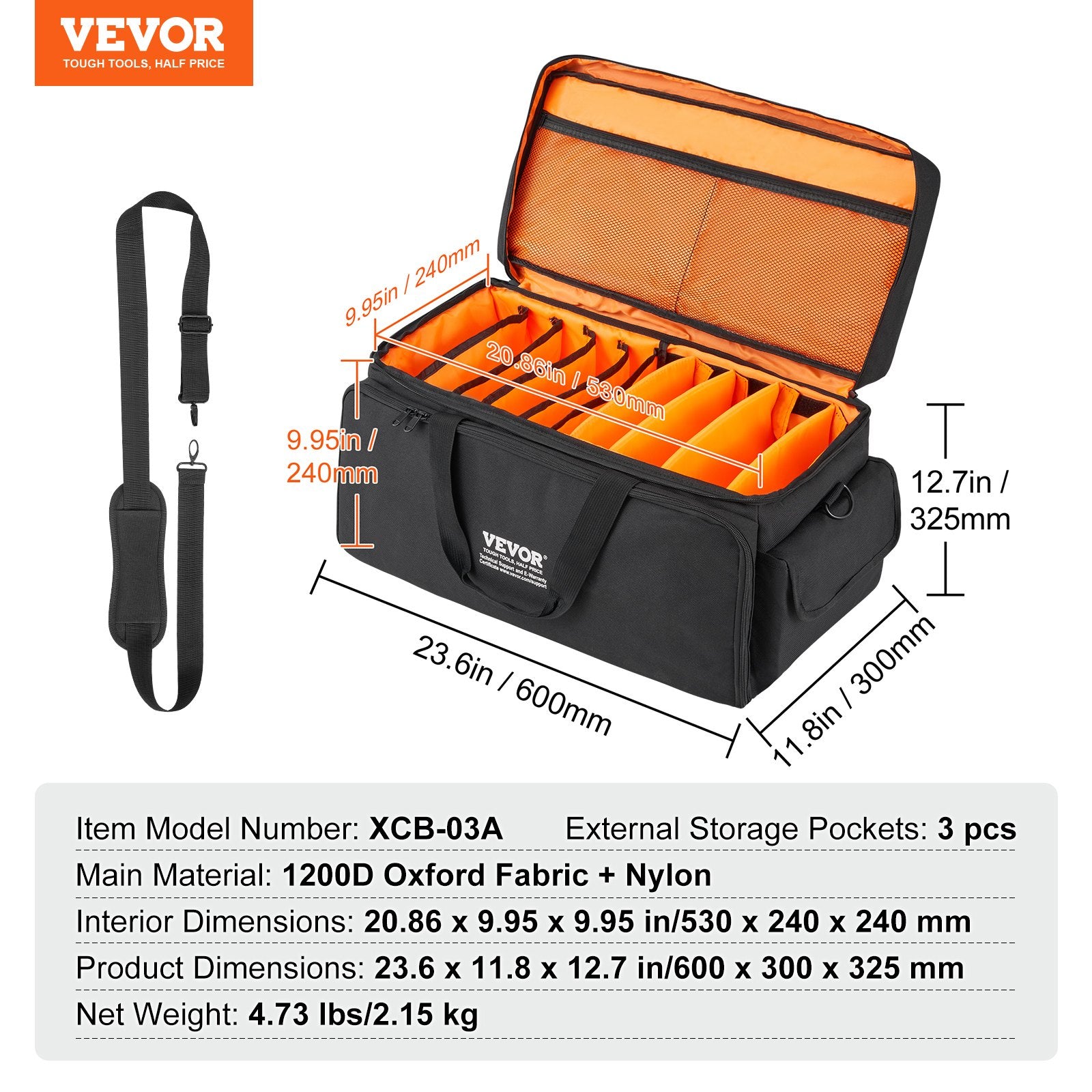 Cat Carriers & Crates: VEVOR DJ Cable File Bag, 1200D Oxford Fabric, DJ Gig Bag with 9 Detachable Divider 4.92 ft Padded Shoulder Strap Plastic Bottom Pad, 600 x 300 x 325 mm DJ Wire Bag for DJ Gear Musical Accessories