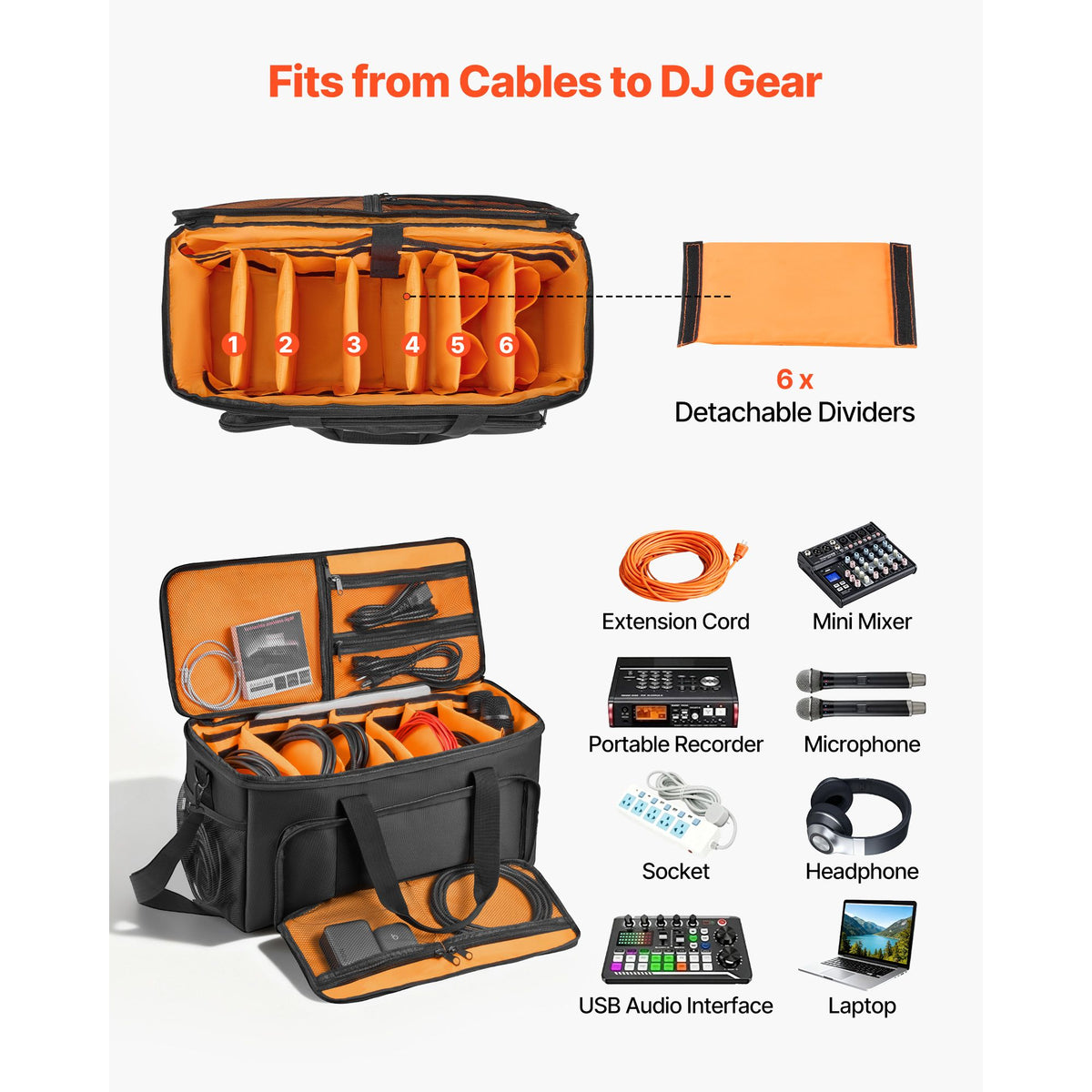 Rolling DJ Cable Bag, 1680D, Padded File Gig Bag with Wheels, 6 Detachable Divider, Travel Storage Music Gear Case, for Professional DJ Gear, Musical Instrument and Accessories, Sound Equipment
