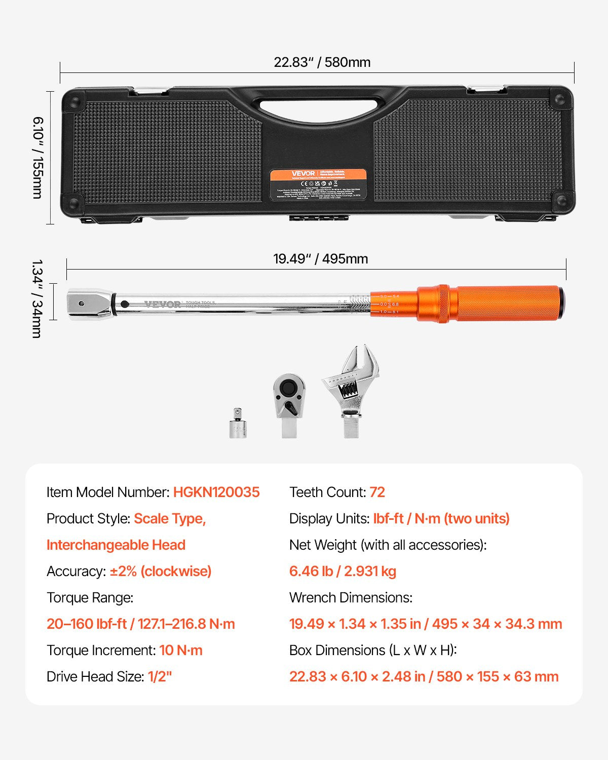 Chainsaws: VEVOR Adjustable Click Torque Wrench, 1/2 Inch Drive, 20-160 lbf-ft/27.1-216.8 N.m, Dual-direction and Dual Range Scales, 72-Tooth, ±2% Precision, with Adapter Interchangeable Jaw and Ratchet Head