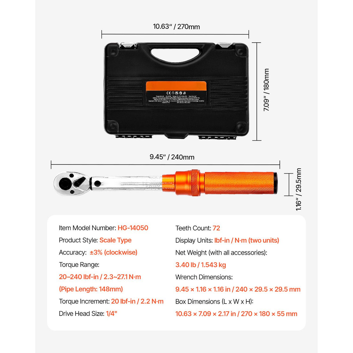Click Torque Wrench Set, 1/4Inch Drive, 20-240 lbf-in / 2.3-27.1N.m, Dual-direction and Dual Range Scales, 72-Tooth, ±3% High Precision, with Bits, Sockets, Adapters, Extension Bar, Orange
