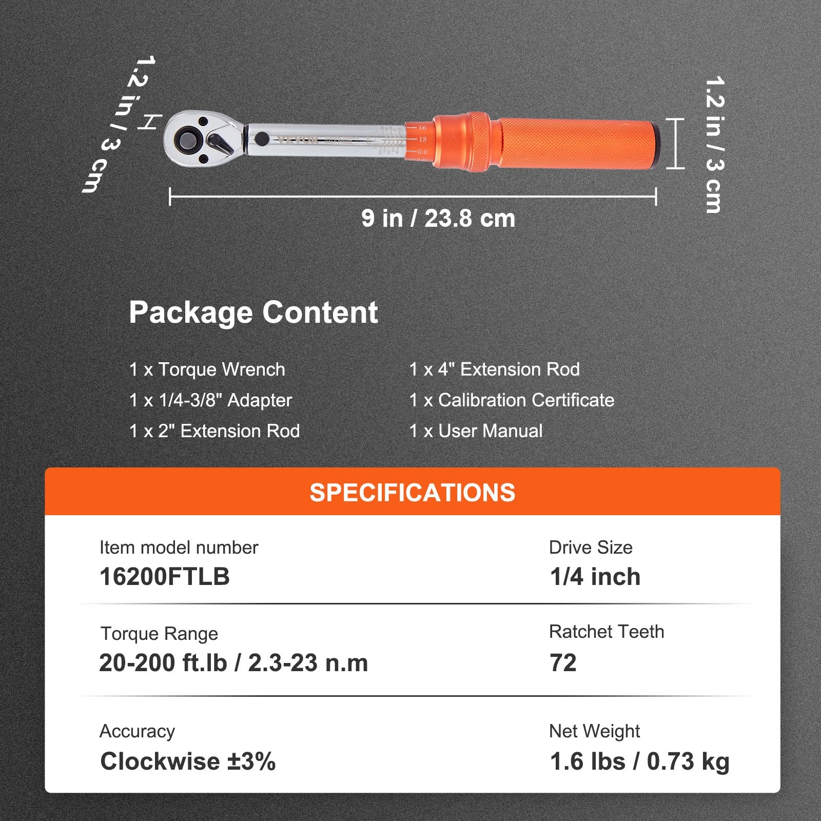 Tool Sockets: VEVOR Torque Wrench Adjustable Torque Wrench 1/4" Drive 20-200in.lb/2.3-23Nm