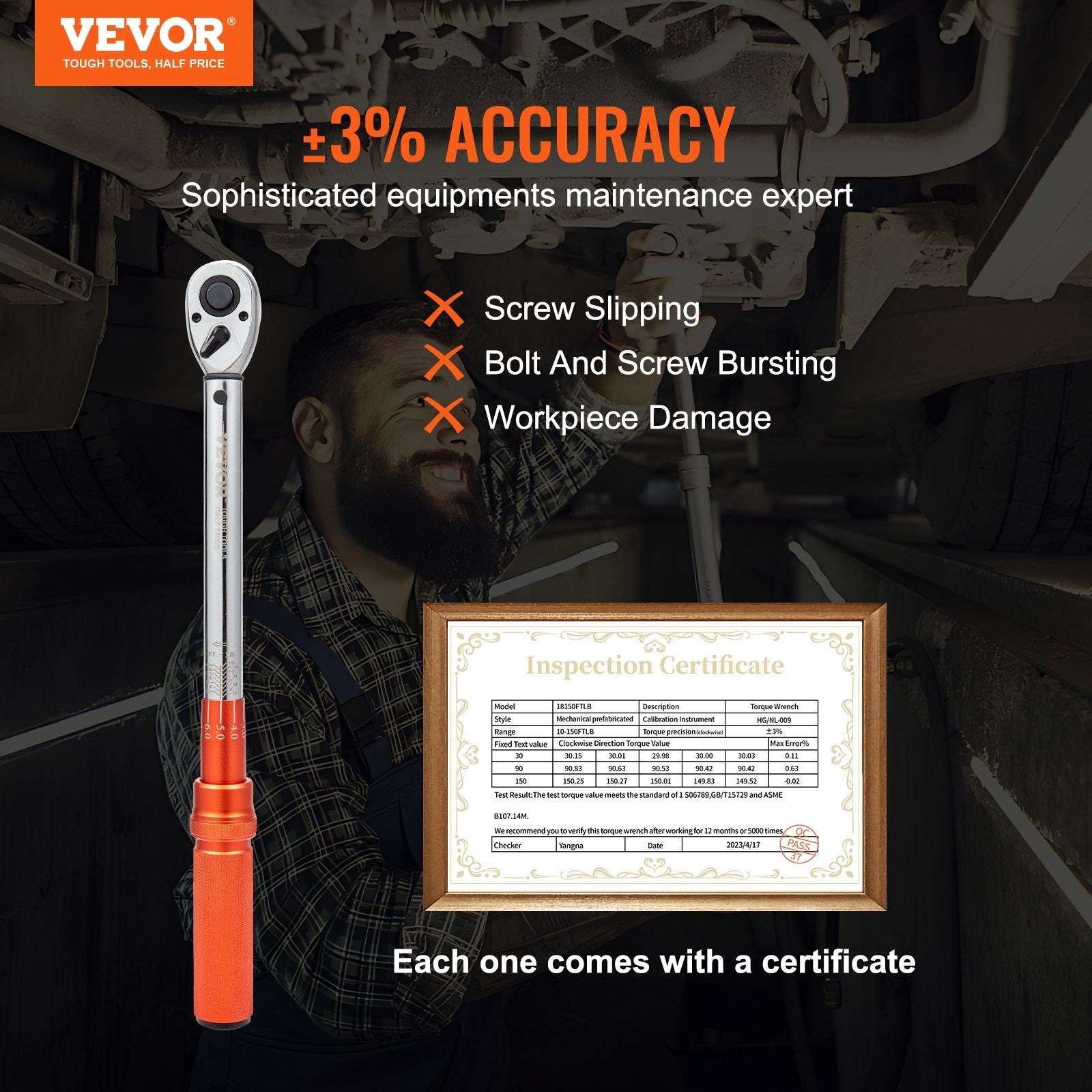 Fence & Gate Accessories: VEVOR Torque Wrench Adjustable Torque Wrench 1/2" Drive 10-150ft.lb/14-204n.m