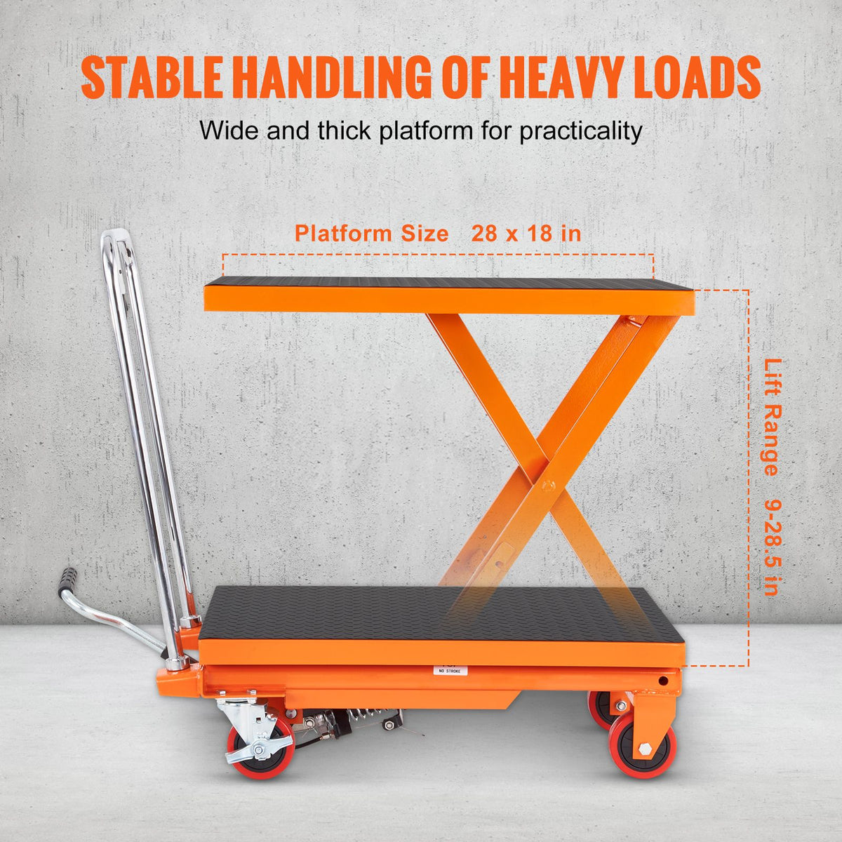 Hydraulic Lift Table Cart, 500lbs Capacity 28.5" Lifting Height, Manual Single Scissor Lift Table with 4 Wheels and Non-slip Pad, Hydraulic Scissor Cart for Material Handling, Orange