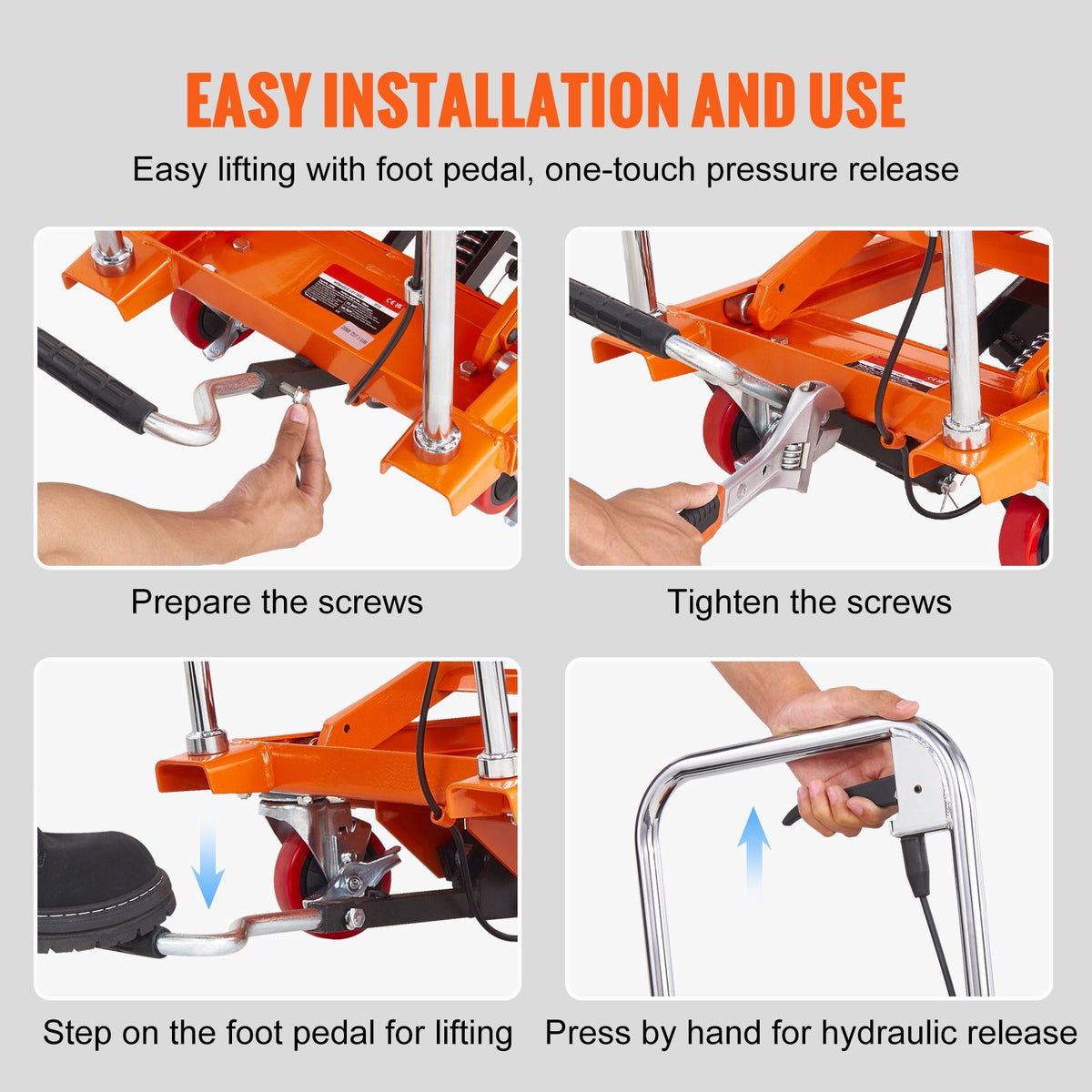 Hydraulic Lift Table Cart, 500lbs Capacity 28.5" Lifting Height, Manual Single Scissor Lift Table with 4 Wheels and Non-slip Pad, Hydraulic Scissor Cart for Material Handling, Orange
