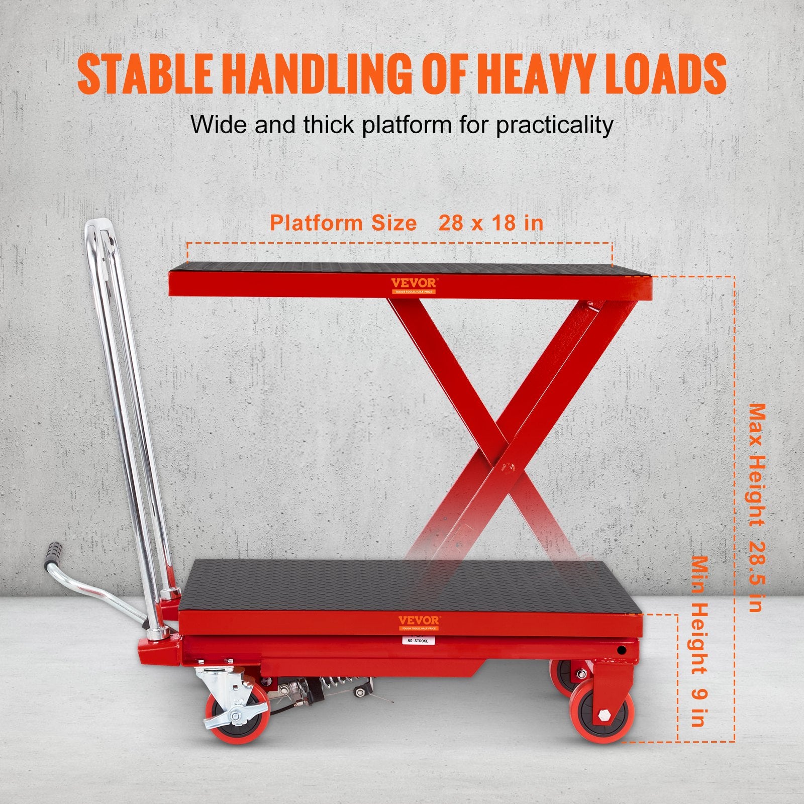 Mobility & Accessibility: VEVOR Hydraulic Lift Table Cart, 330lbs Capacity 28.5" Lifting Height, Manual Single Scissor Lift Table with 4 Wheels and Non-slip Pad, Hydraulic Scissor Cart for Material Handling, Red