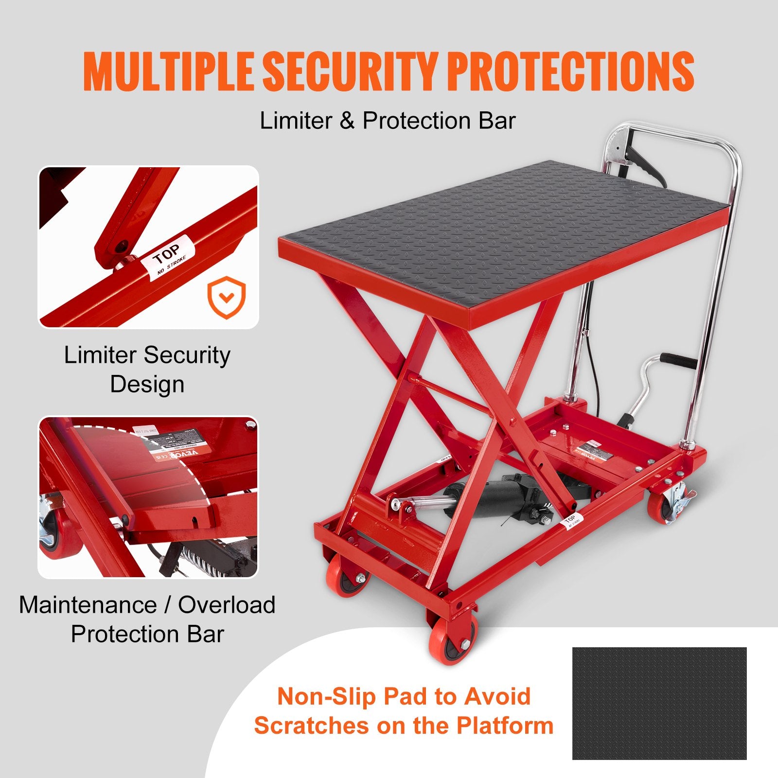 Mobility & Accessibility: VEVOR Hydraulic Lift Table Cart, 330lbs Capacity 28.5" Lifting Height, Manual Single Scissor Lift Table with 4 Wheels and Non-slip Pad, Hydraulic Scissor Cart for Material Handling, Red
