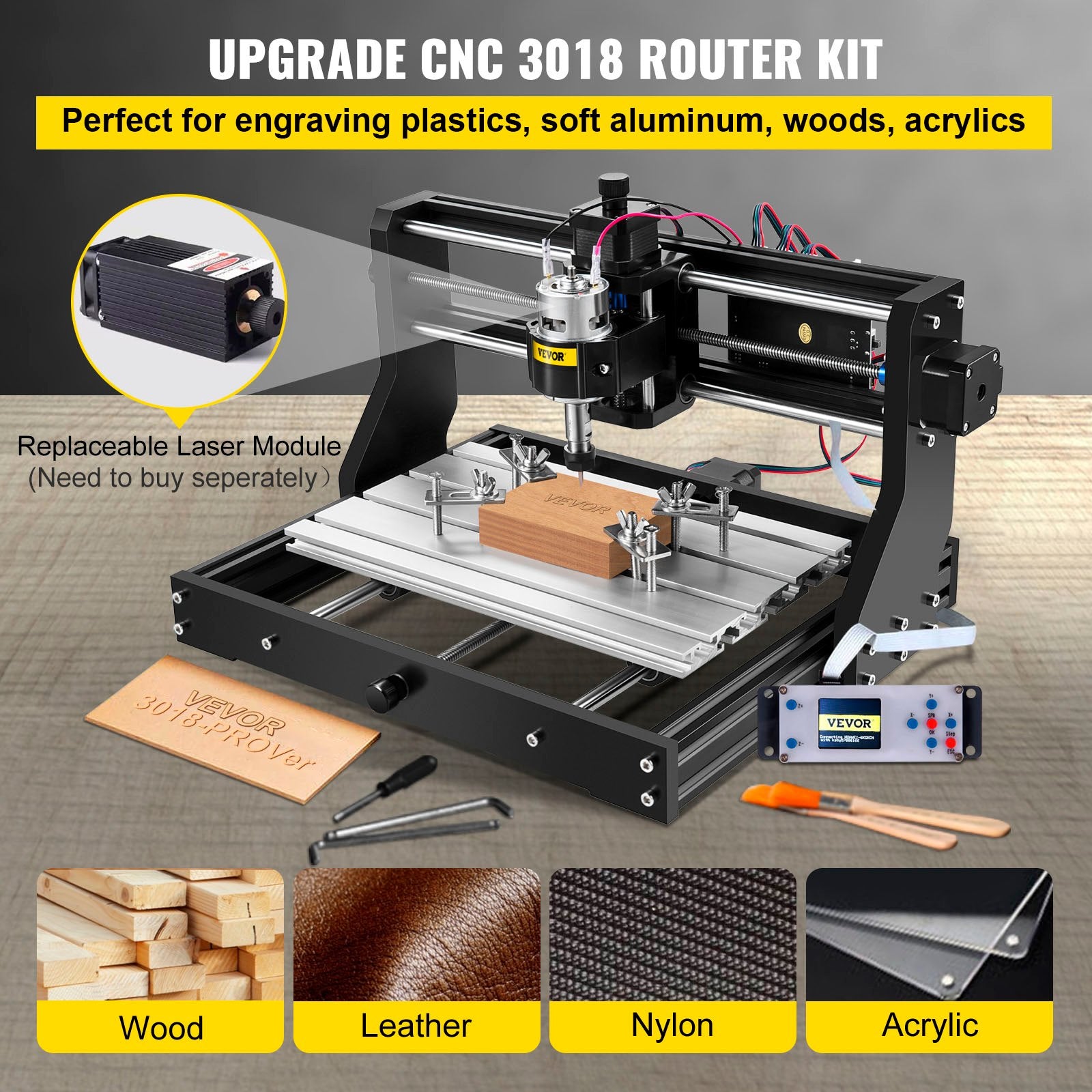 Hand Tools: VEVOR CNC 3018 Pro CNC 3018 300×180×45 mm CNC Machine GRBL Control Mini Engraver with Offline Controller 3 Axis Engraving Machine for Carving Milling Plastic, Acrylic, PVC and Wood