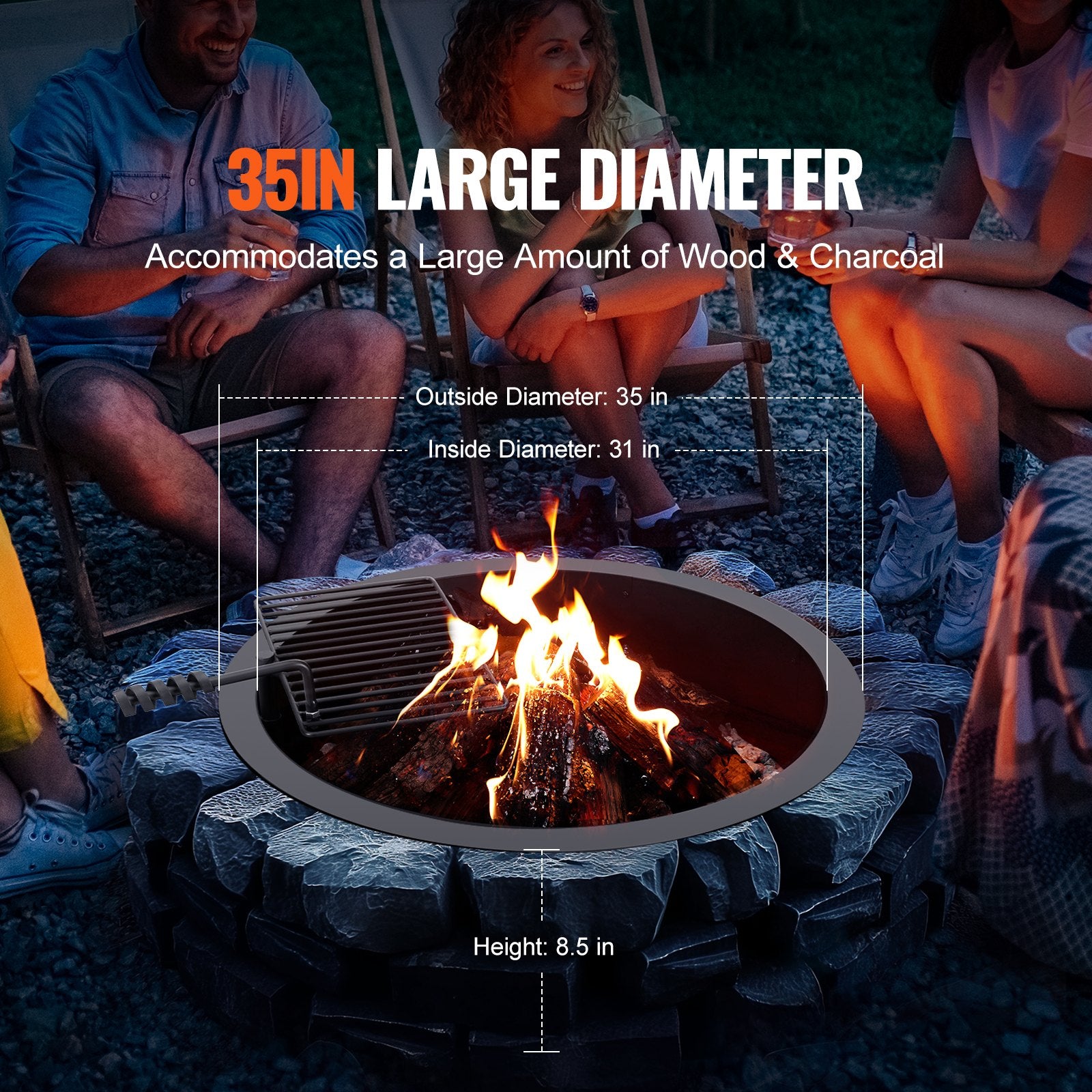 Pool Covers & Accessories: VEVOR Fire Pit Ring, Fire Pit Insert with Barbecue Fire Ring, 35-In Outer/31-In Inner Diameter, 8.5in Height, Carbon Steel Liner DIY Campfire Ring above/In-Ground, for Outdoor Camping, Bonfires