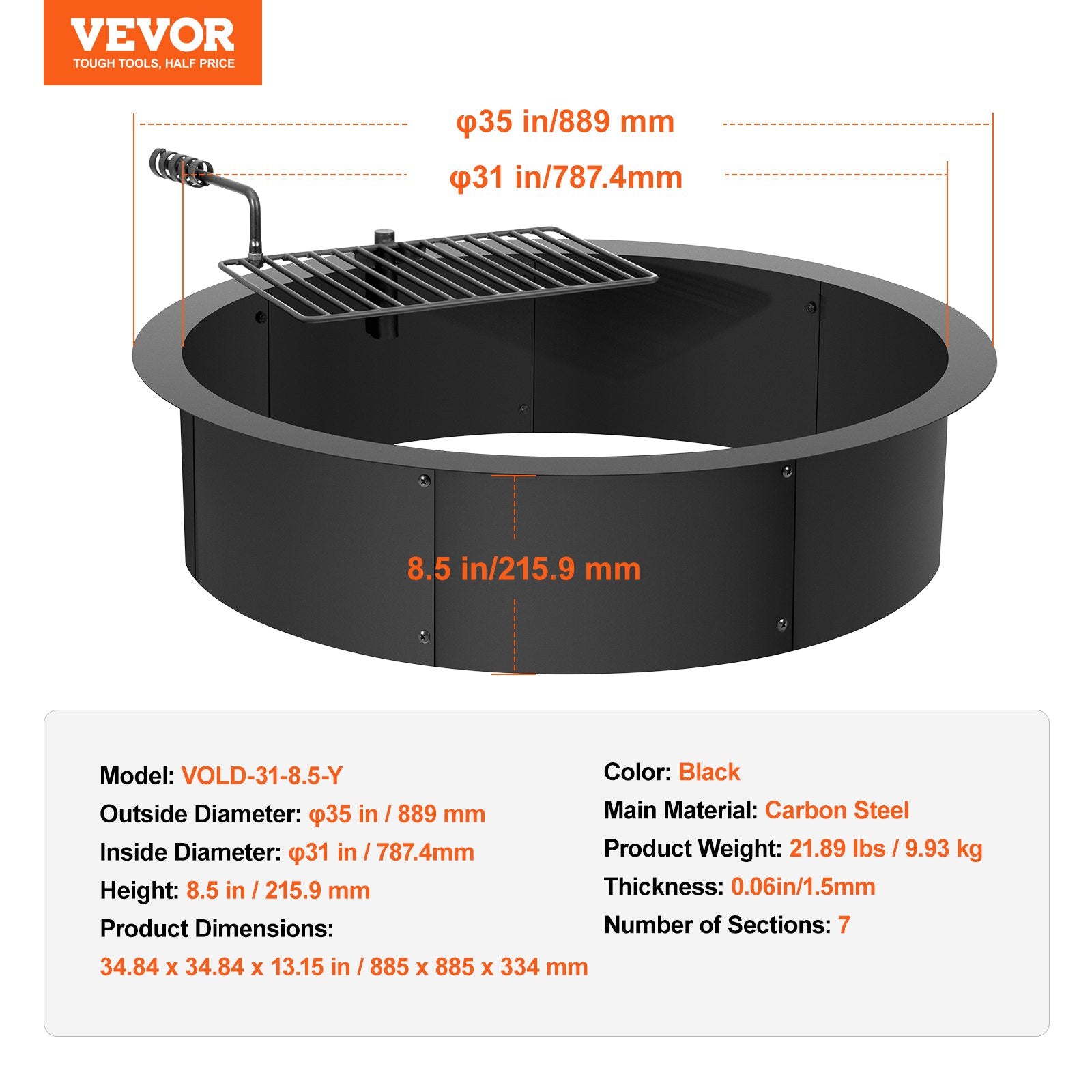 Pool Covers & Accessories: VEVOR Fire Pit Ring, Fire Pit Insert with Barbecue Fire Ring, 35-In Outer/31-In Inner Diameter, 8.5in Height, Carbon Steel Liner DIY Campfire Ring above/In-Ground, for Outdoor Camping, Bonfires
