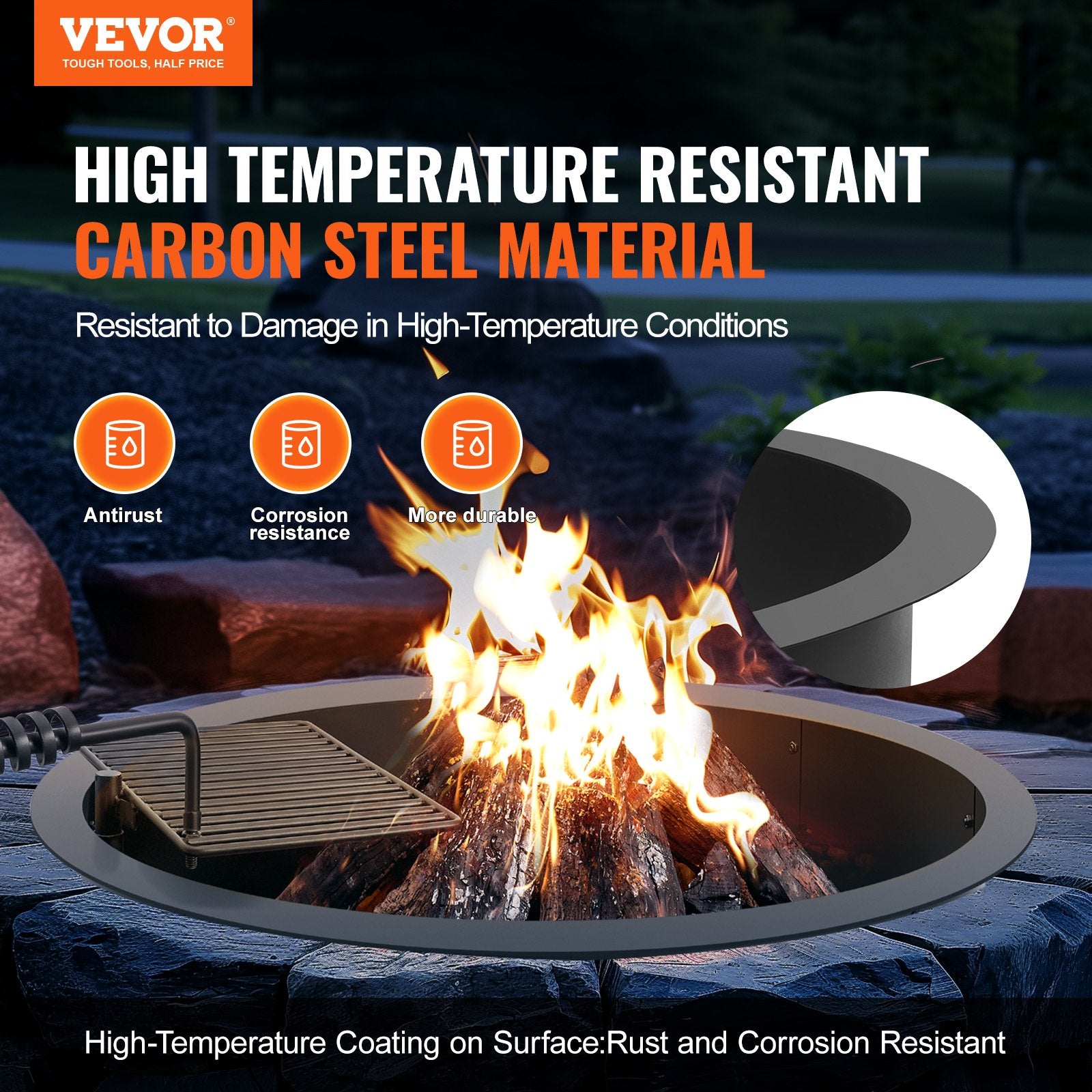 Pool Covers & Accessories: VEVOR Fire Pit Ring, Fire Pit Insert with Barbecue Fire Ring, 40-In Outer/36-In Inner Diameter, 8.5in Height, Carbon Steel Liner DIY Campfire Ring above/In-Ground, for Outdoor Camping, Bonfires