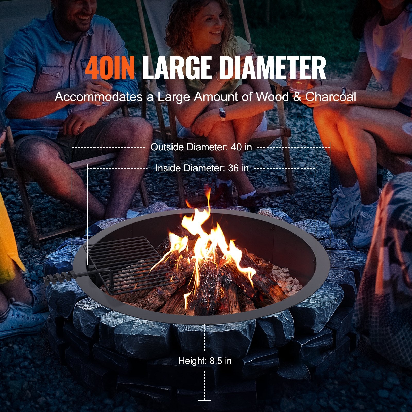 Pool Covers & Accessories: VEVOR Fire Pit Ring, Fire Pit Insert with Barbecue Fire Ring, 40-In Outer/36-In Inner Diameter, 8.5in Height, Carbon Steel Liner DIY Campfire Ring above/In-Ground, for Outdoor Camping, Bonfires