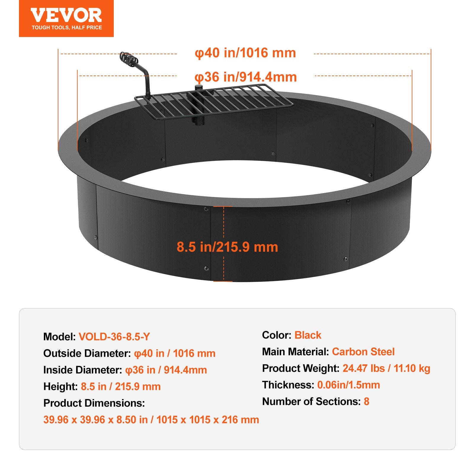Pool Covers & Accessories: VEVOR Fire Pit Ring, Fire Pit Insert with Barbecue Fire Ring, 40-In Outer/36-In Inner Diameter, 8.5in Height, Carbon Steel Liner DIY Campfire Ring above/In-Ground, for Outdoor Camping, Bonfires