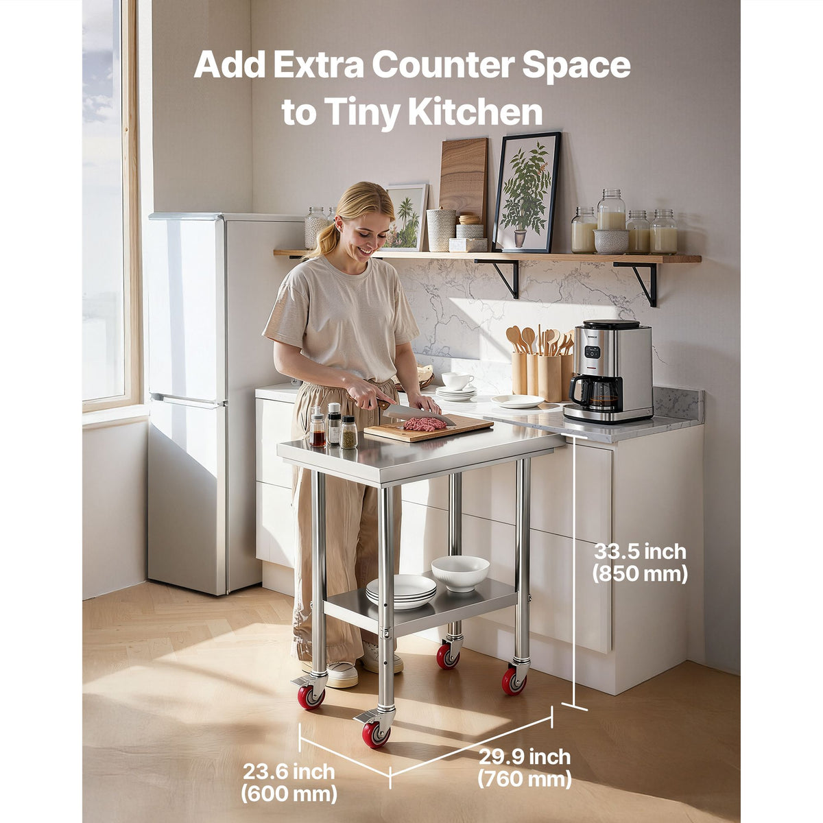 Stainless Steel Table, 60 x 76 cm Food Prep Worktable with Wheels, Kitchen Prep Table with Adjustable Undershelf Workstations for Commercial Kitchen, Restaurant, Hotel and Garage, Outdoor