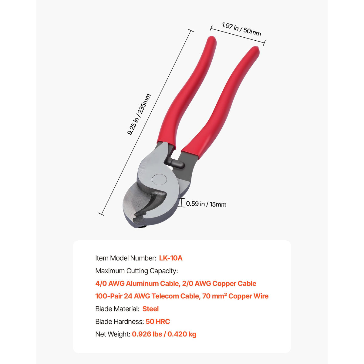 High Leverage Cable Cutter, 235 mm Compact, Forged Blades and PVC-Coated Handles, Heavy Duty Cable Cutting Pliers Tool for 4/0 AWG Aluminum, 2/0 AWG Soft Copper and 100-Pair 24AWG Comm Cable