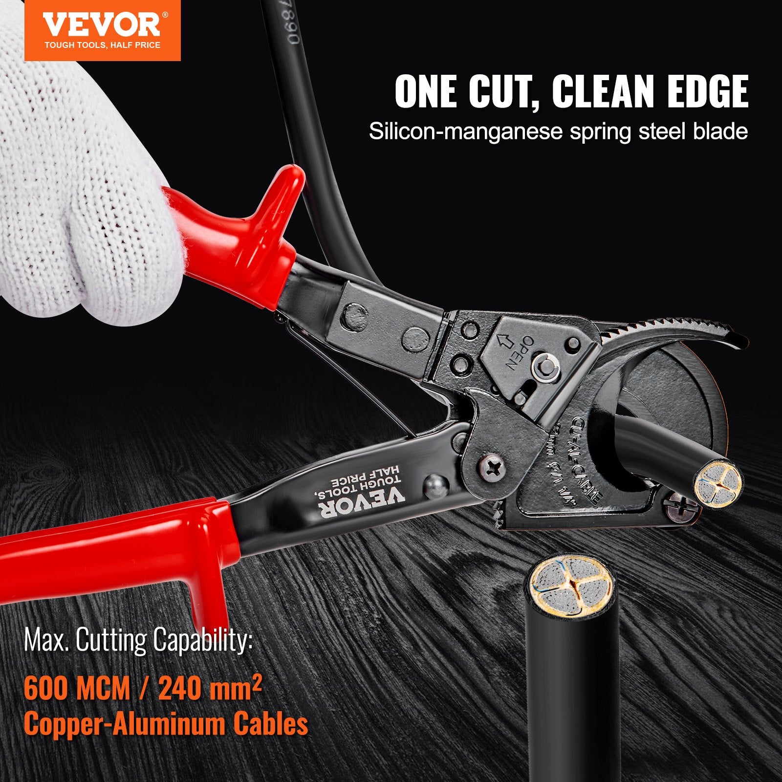 Cutters: VEVOR Ratcheting Cable Cutter, 250mm Ratchet Wire and Cable Cutter, Cut up to 240 mm², with Comfortable Grip Handles, Easy to Use Quick-Release Lever, Silicon-Manganese Spring Steel Blade