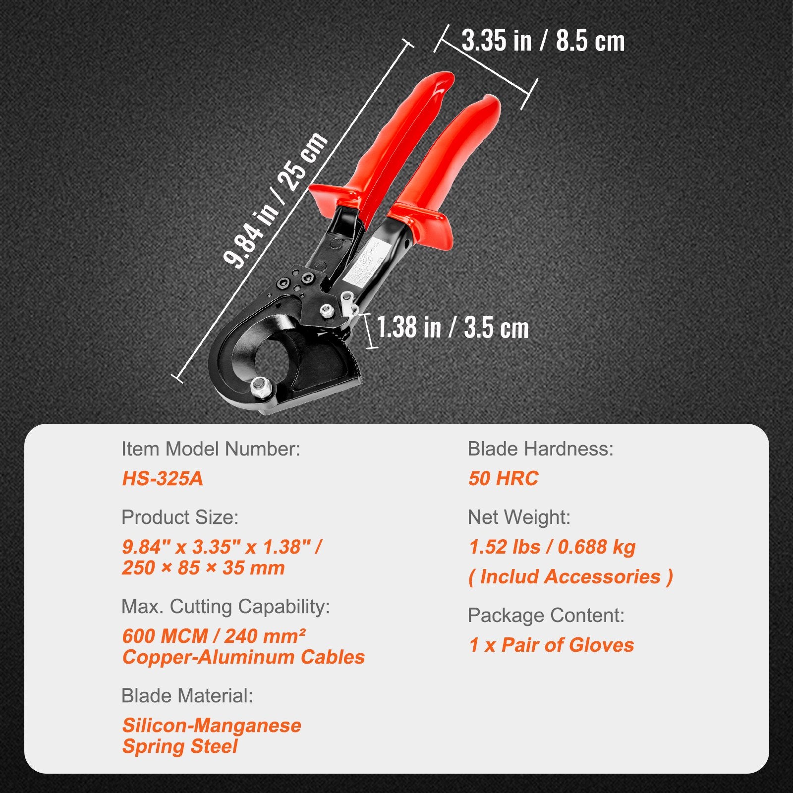 Cutters: VEVOR Ratcheting Cable Cutter, 250mm Ratchet Wire and Cable Cutter, Cut up to 240 mm², with Comfortable Grip Handles, Easy to Use Quick-Release Lever, Silicon-Manganese Spring Steel Blade