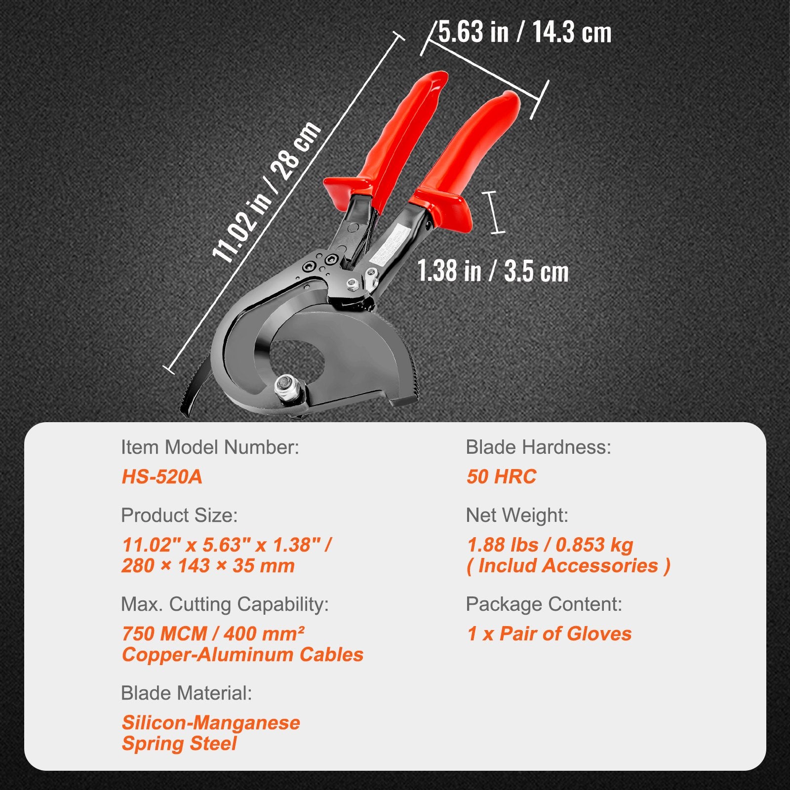 Cutters: VEVOR Ratcheting Cable Cutter, 280mm Ratchet Wire and Cable Cutter, Cut up to 400 mm², with Comfortable Grip Handles, Easy to Use Quick-Release Lever, Silicon-Manganese Spring Steel Blade
