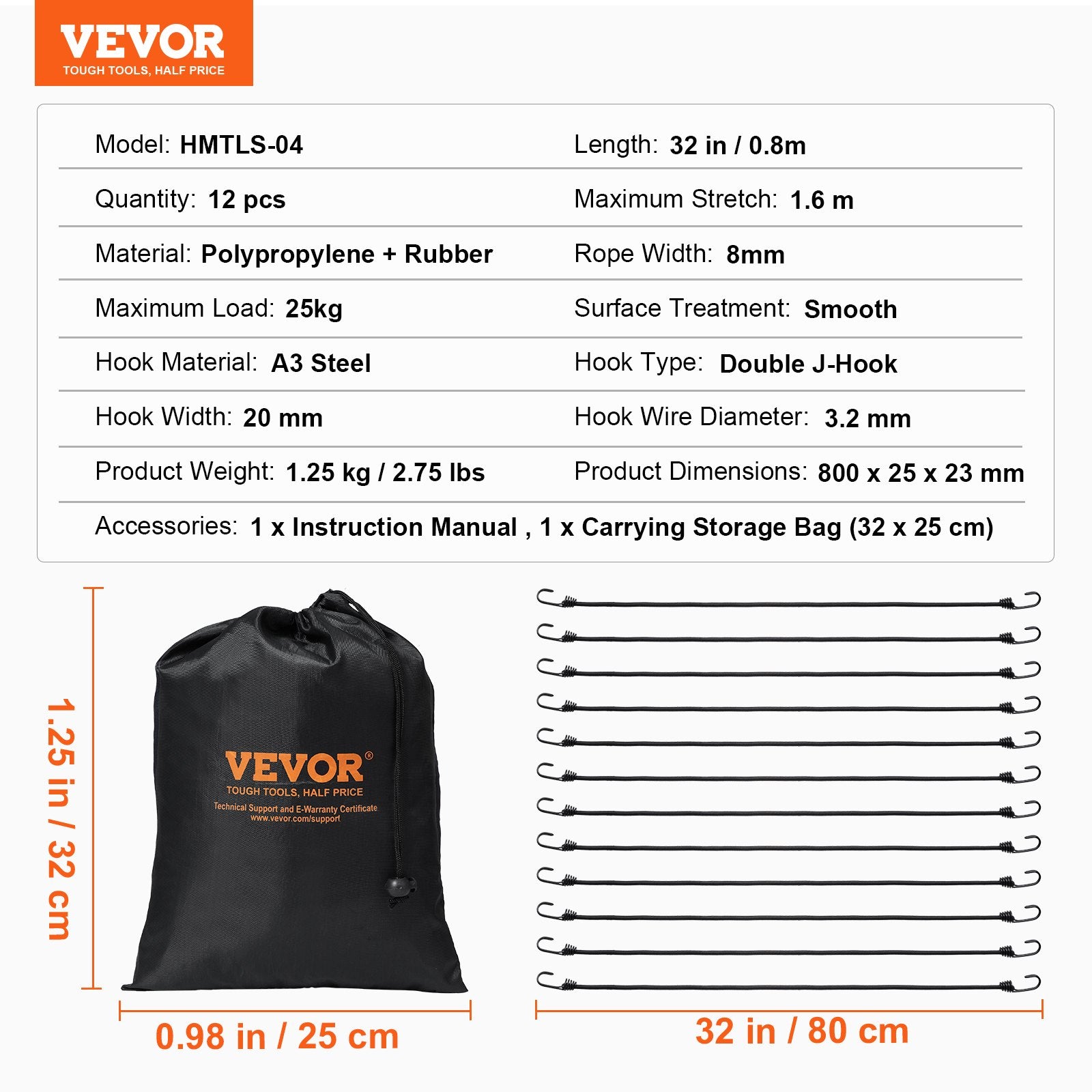 Automotive Repair & Speciality Tools: VEVOR 12 Pcs Bungee Cords with Hooks 32 In Heavy Duty Bungee Straps 8 mm Black