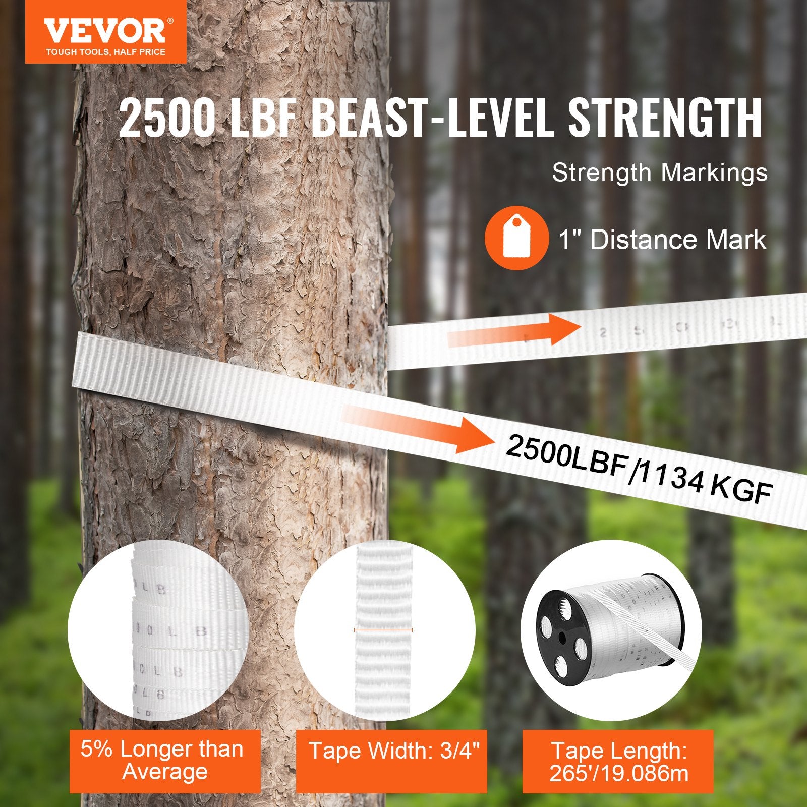 Tape & Dispensers: VEVOR Polyester Pull Tape, 1.9 cm x 80.8 m Mule Tape Flat Rope, 1134 kgf Tensile Capacity, Printed Webbing Cable Pulling Tape for Packaging, Gardening, Commercial Electrical, Conduit Work, White