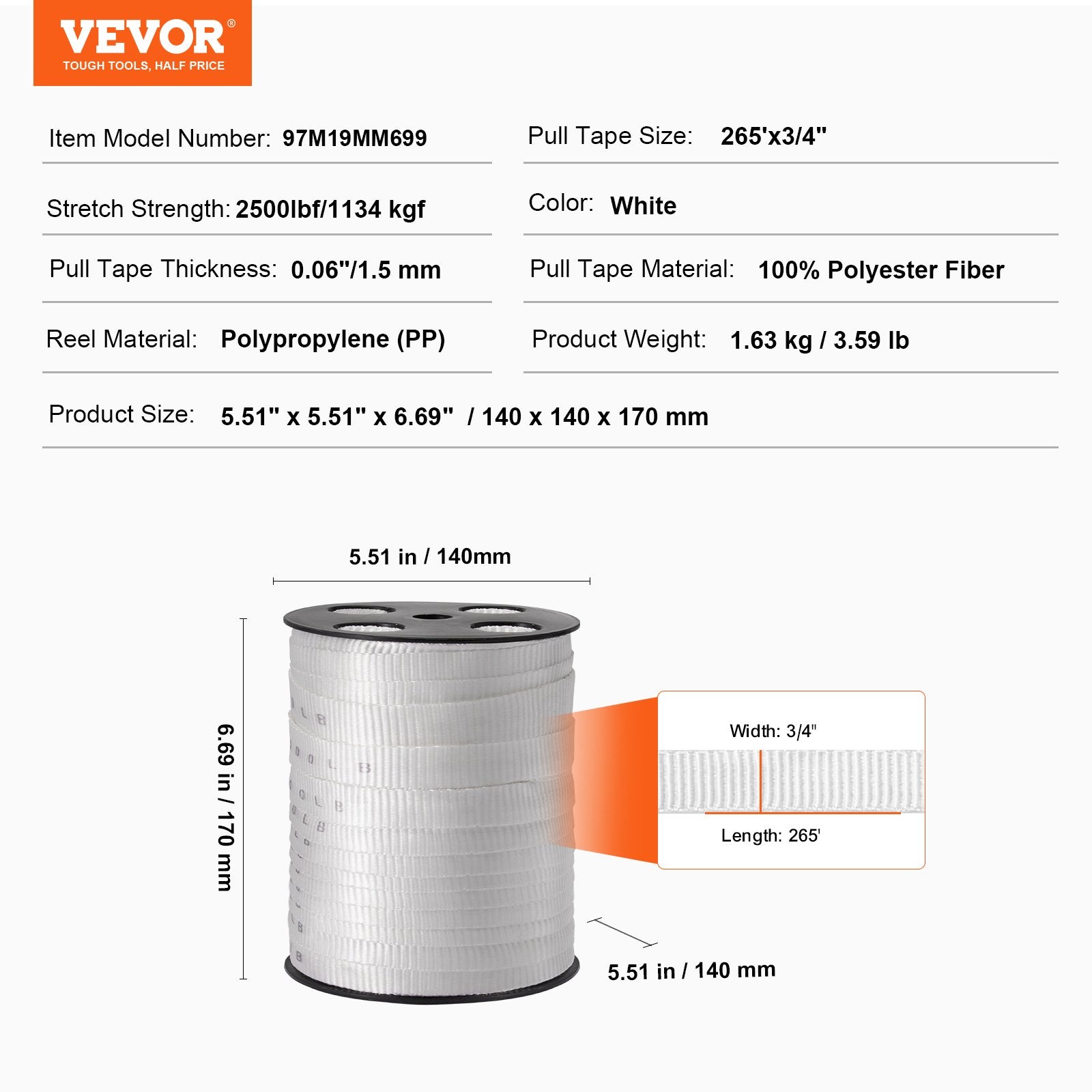 Tape & Dispensers: VEVOR Polyester Pull Tape, 1.9 cm x 80.8 m Mule Tape Flat Rope, 1134 kgf Tensile Capacity, Printed Webbing Cable Pulling Tape for Packaging, Gardening, Commercial Electrical, Conduit Work, White