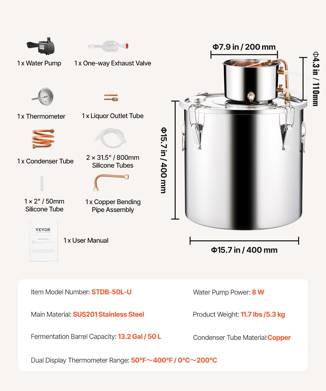 Distilling & Brewing: VEVOR Moonshine Still 13 Gal Water Alcohol Distiller Brewing Kit Stainless Steel