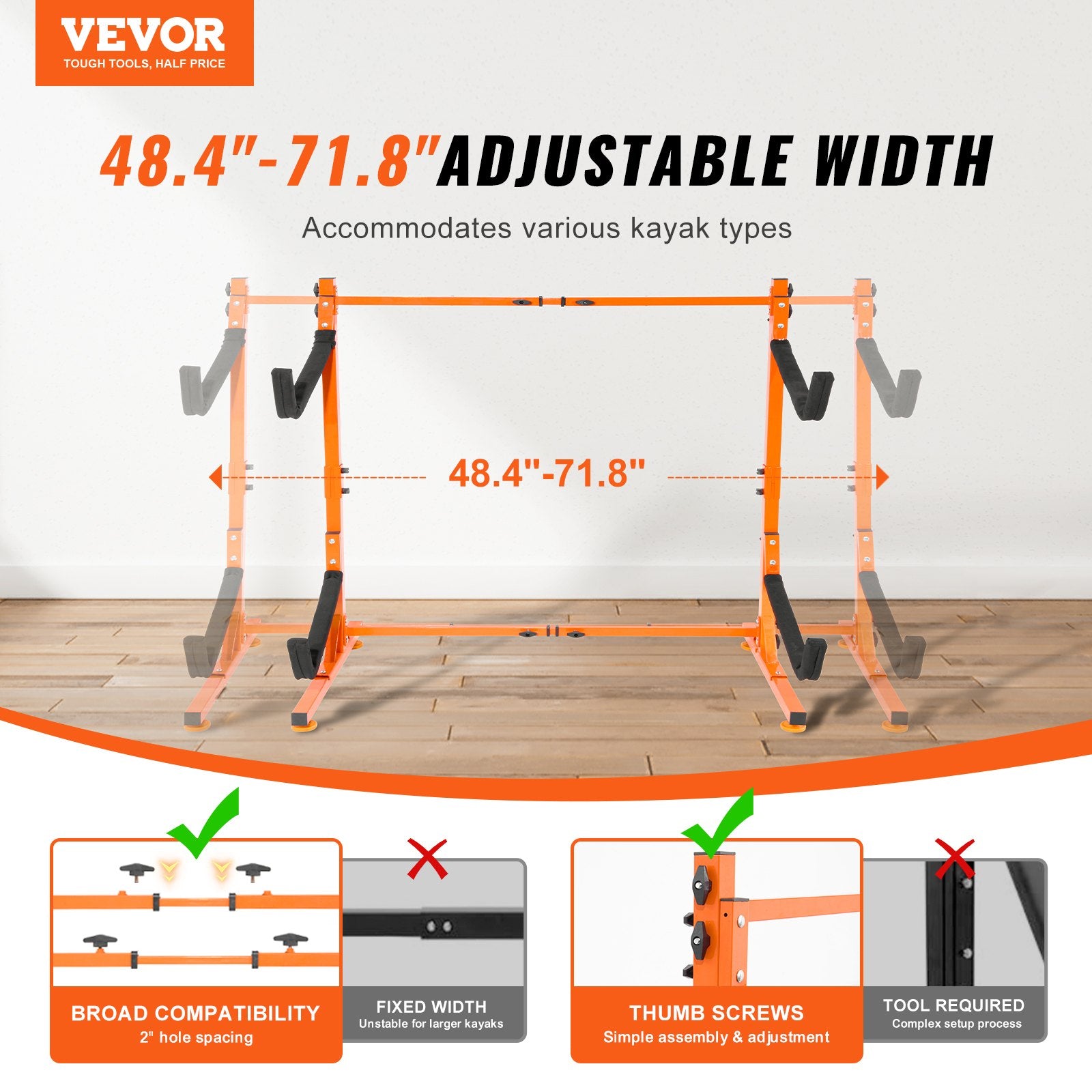 Freestanding Kayak Storage Rack, Kayak Stand for 2 Kayak Canoe Paddleboard, Heavy-duty Steel Kayak Hanger Holder with Padded Arms and Adjustable Width, 79.5kg Max Load, for Indoor Outdoor Garage