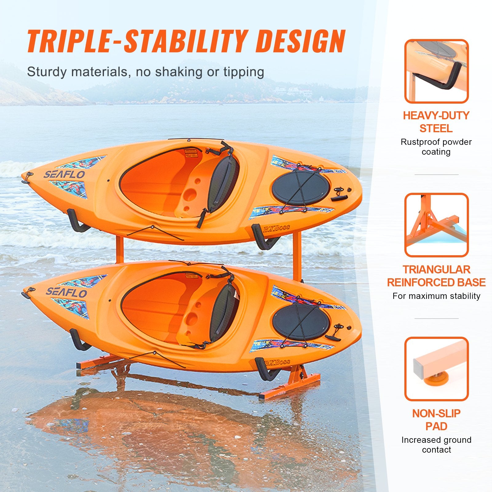 Freestanding Kayak Storage Rack, Kayak Stand for 2 Kayak Canoe Paddleboard, Heavy-duty Steel Kayak Hanger Holder with Padded Arms and Adjustable Width, 79.5kg Max Load, for Indoor Outdoor Garage
