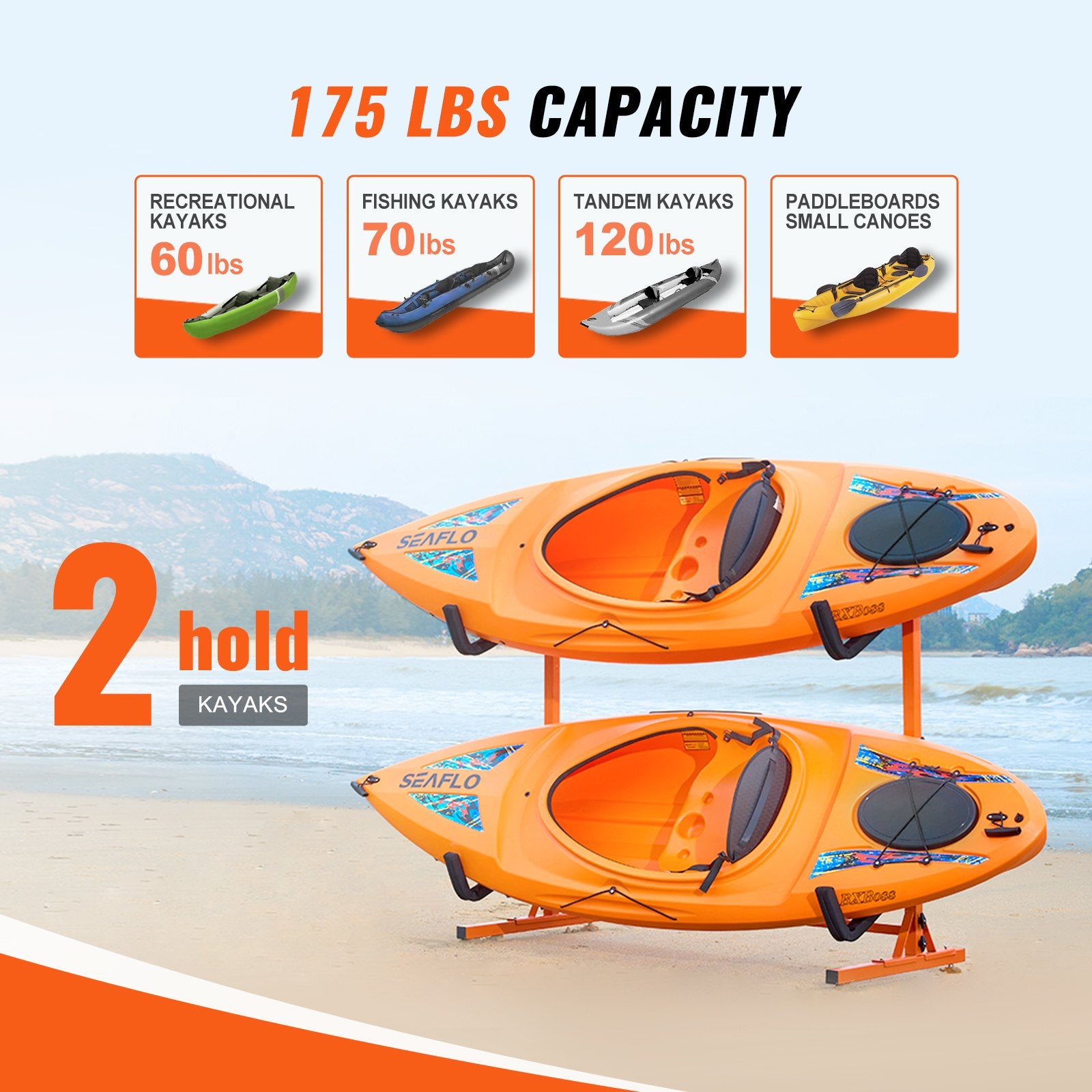 Freestanding Kayak Storage Rack, Kayak Stand for 2 Kayak Canoe Paddleboard, Heavy-duty Steel Kayak Hanger Holder with Padded Arms and Adjustable Width, 79.5kg Max Load, for Indoor Outdoor Garage