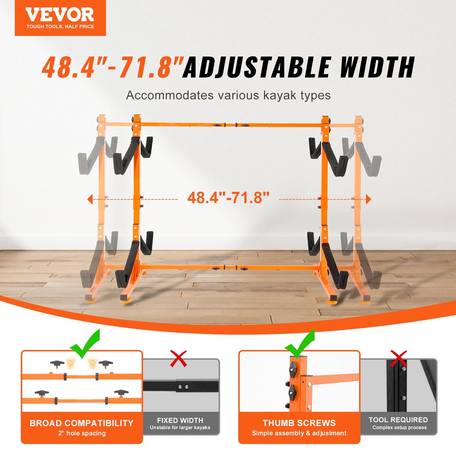 Freestanding Kayak Storage Rack, Kayak Stand for 4 Kayak Canoe Paddleboard, Heavy-duty Steel Kayak Hanger Holder with Padded Arms and Adjustable Width, 100 kg Max Load, for Indoor Outdoor Garage
