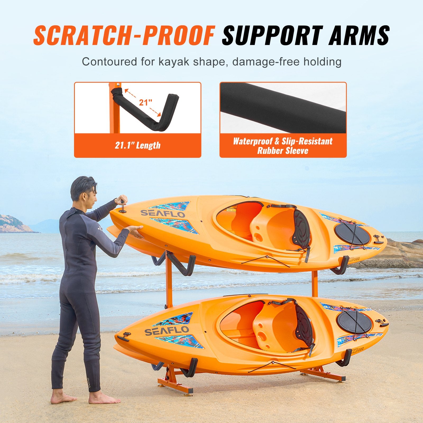 Freestanding Kayak Storage Rack, Kayak Stand for 4 Kayak Canoe Paddleboard, Heavy-duty Steel Kayak Hanger Holder with Padded Arms and Adjustable Width, 100 kg Max Load, for Indoor Outdoor Garage