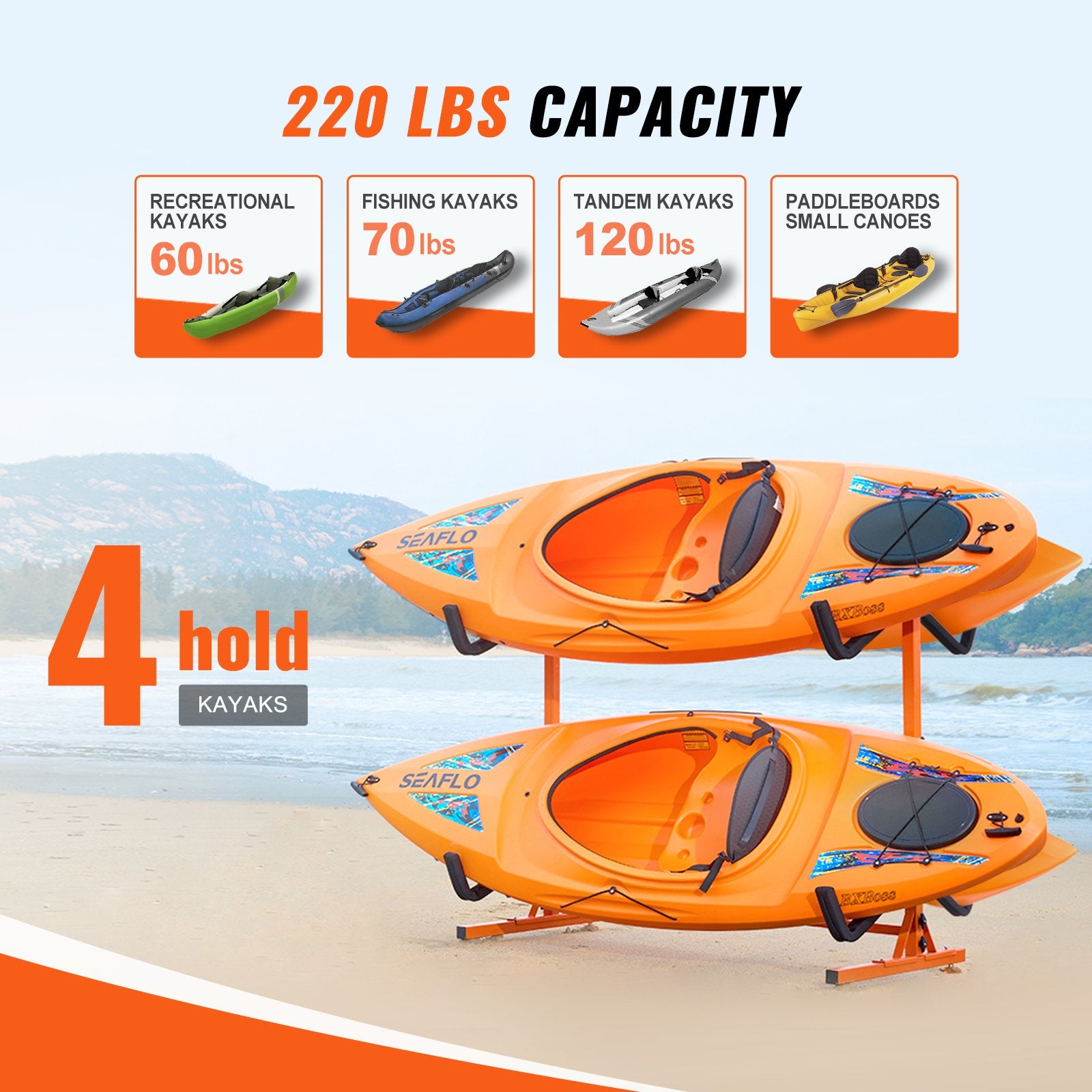 Freestanding Kayak Storage Rack, Kayak Stand for 4 Kayak Canoe Paddleboard, Heavy-duty Steel Kayak Hanger Holder with Padded Arms and Adjustable Width, 100 kg Max Load, for Indoor Outdoor Garage