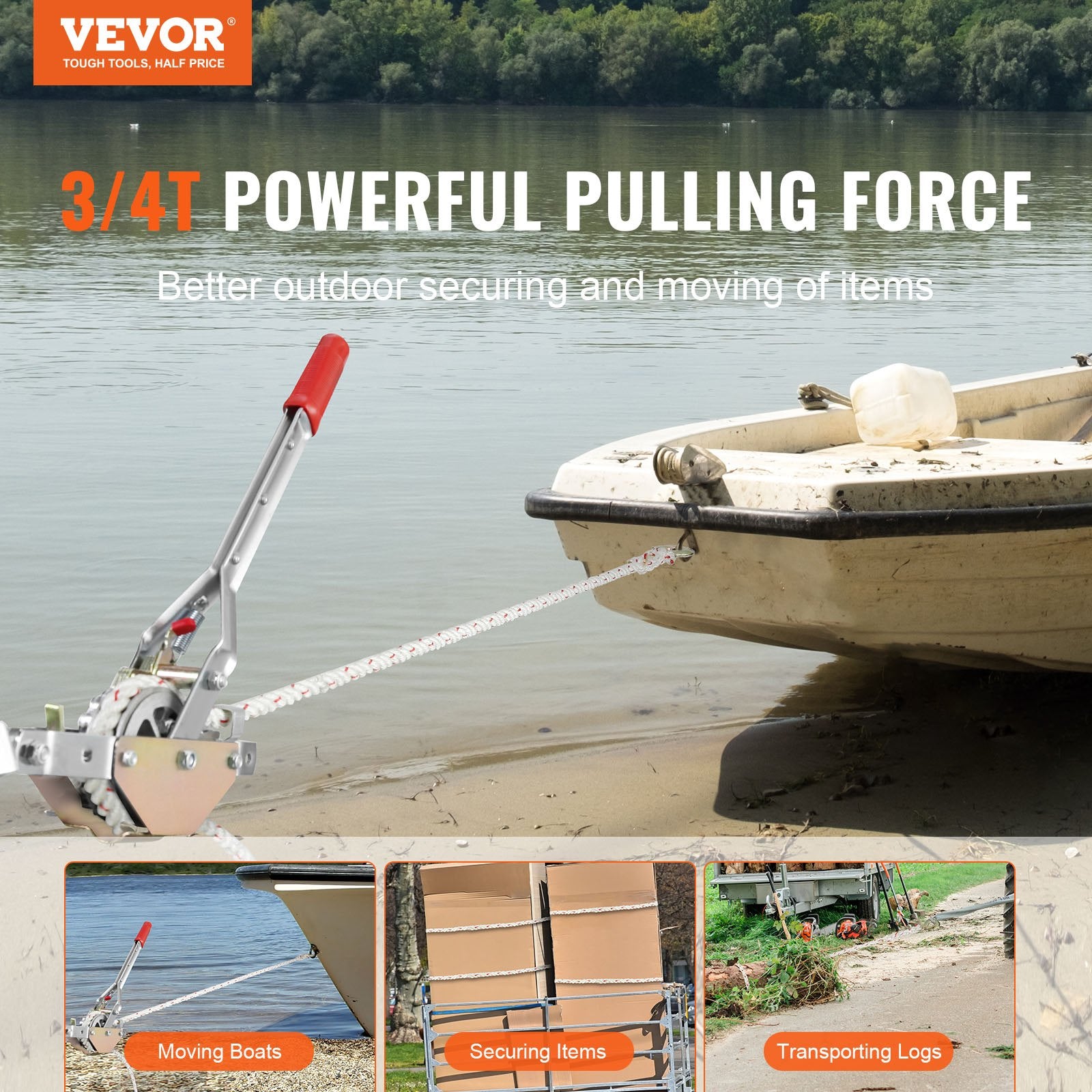 Chainsaws: VEVOR Rope Puller, 3/4 Ton Pulling Capacity, with 30.48 m of 15 mm dia. Rope, 2 Hook, Come Along Winch, Heavy Duty Ratchet Power Puller Tool for Moving Boats, Securing Items, Transporting Logs