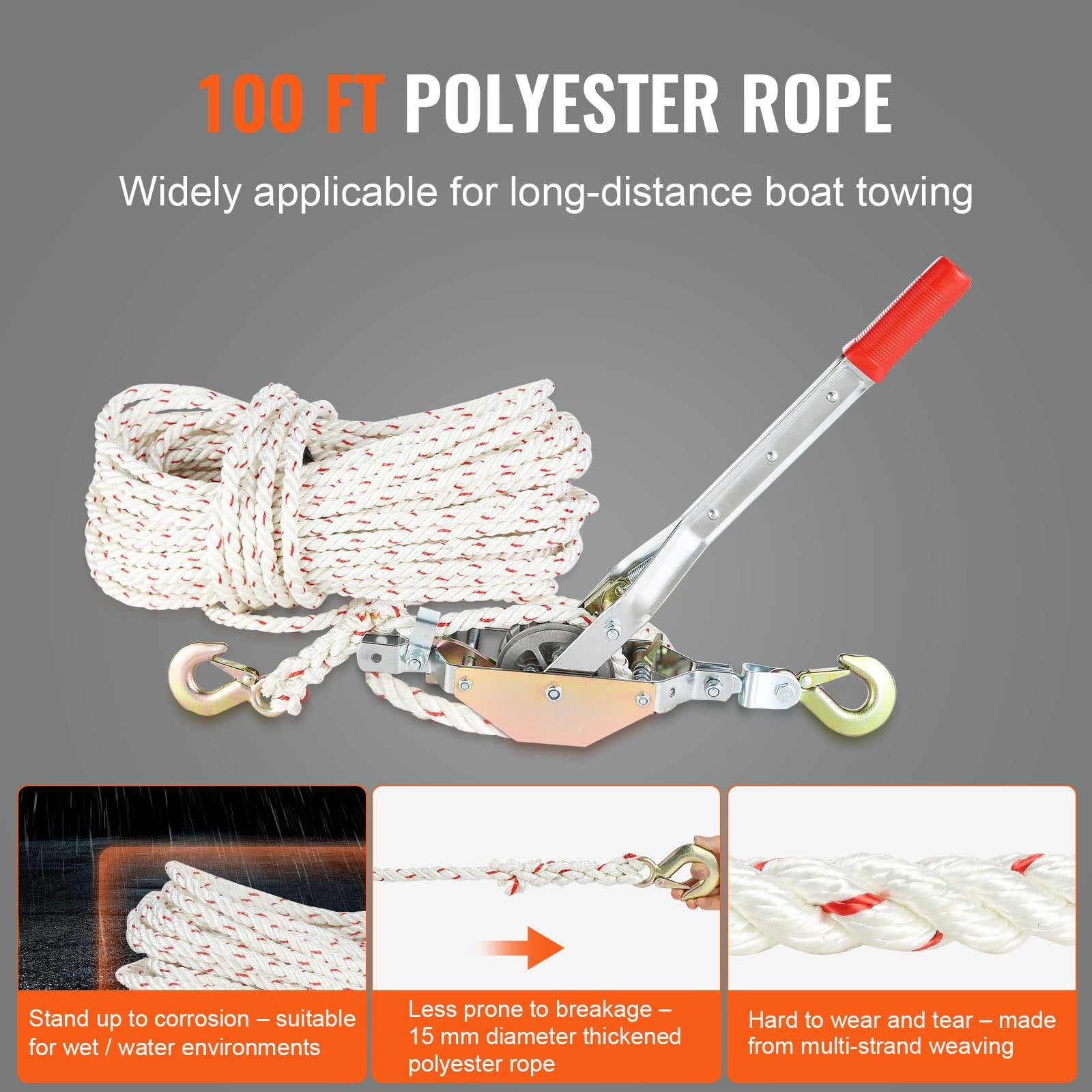 Chainsaws: VEVOR Rope Puller, 3/4 Ton Pulling Capacity, with 30.48 m of 15 mm dia. Rope, 2 Hook, Come Along Winch, Heavy Duty Ratchet Power Puller Tool for Moving Boats, Securing Items, Transporting Logs