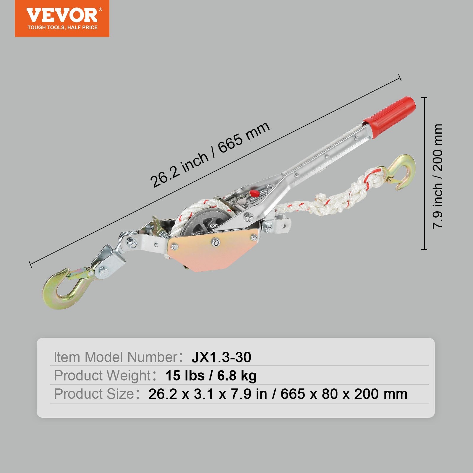 Chainsaws: VEVOR Rope Puller, 3/4 Ton Pulling Capacity, with 30.48 m of 15 mm dia. Rope, 2 Hook, Come Along Winch, Heavy Duty Ratchet Power Puller Tool for Moving Boats, Securing Items, Transporting Logs