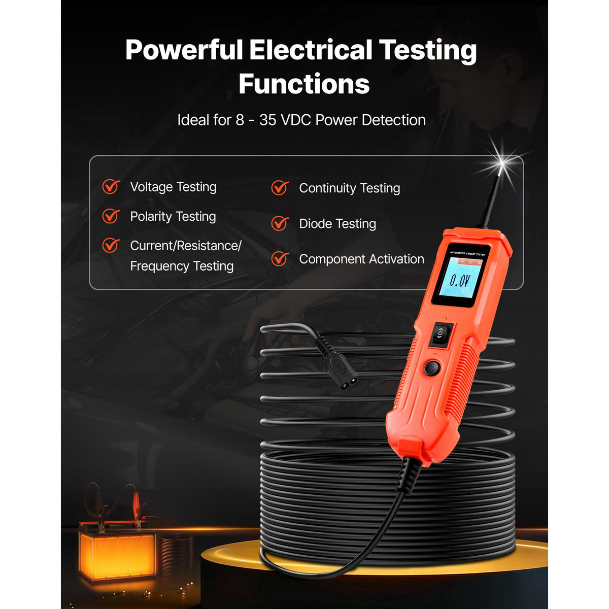 Automotive Circuit Tester, 8 - 35 DCV Power Circuit Probe Tester with TFT Color Display and Lighting, Automotive Power Tester Probe with 13 ft / 4 m Cable, ABS Shell Electrical Detector Finder