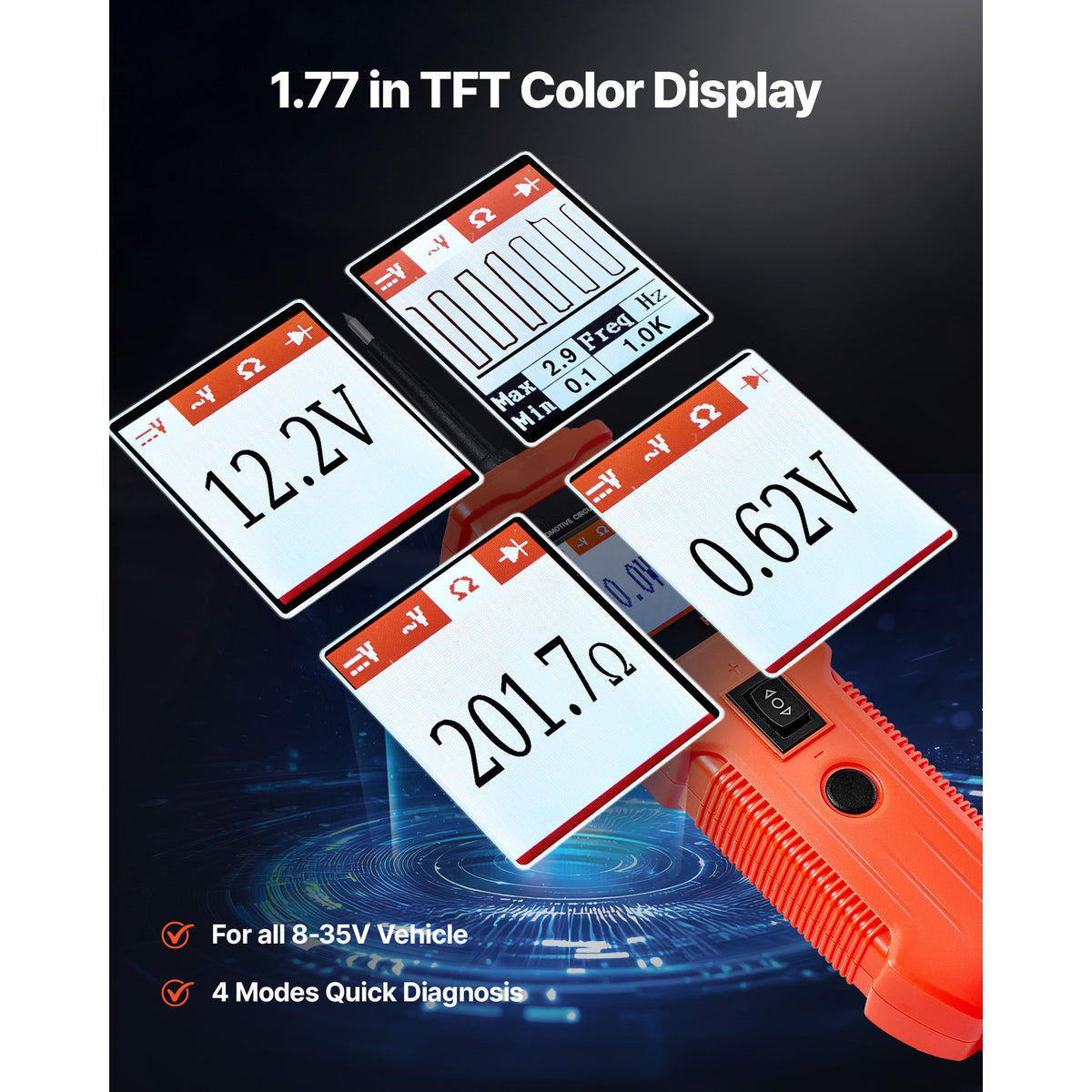 Automotive Circuit Tester, 8 - 35 DCV Power Circuit Probe Tester with TFT Color Display and Lighting, Automotive Power Tester Probe with 13 ft / 4 m Cable, ABS Shell Electrical Detector Finder