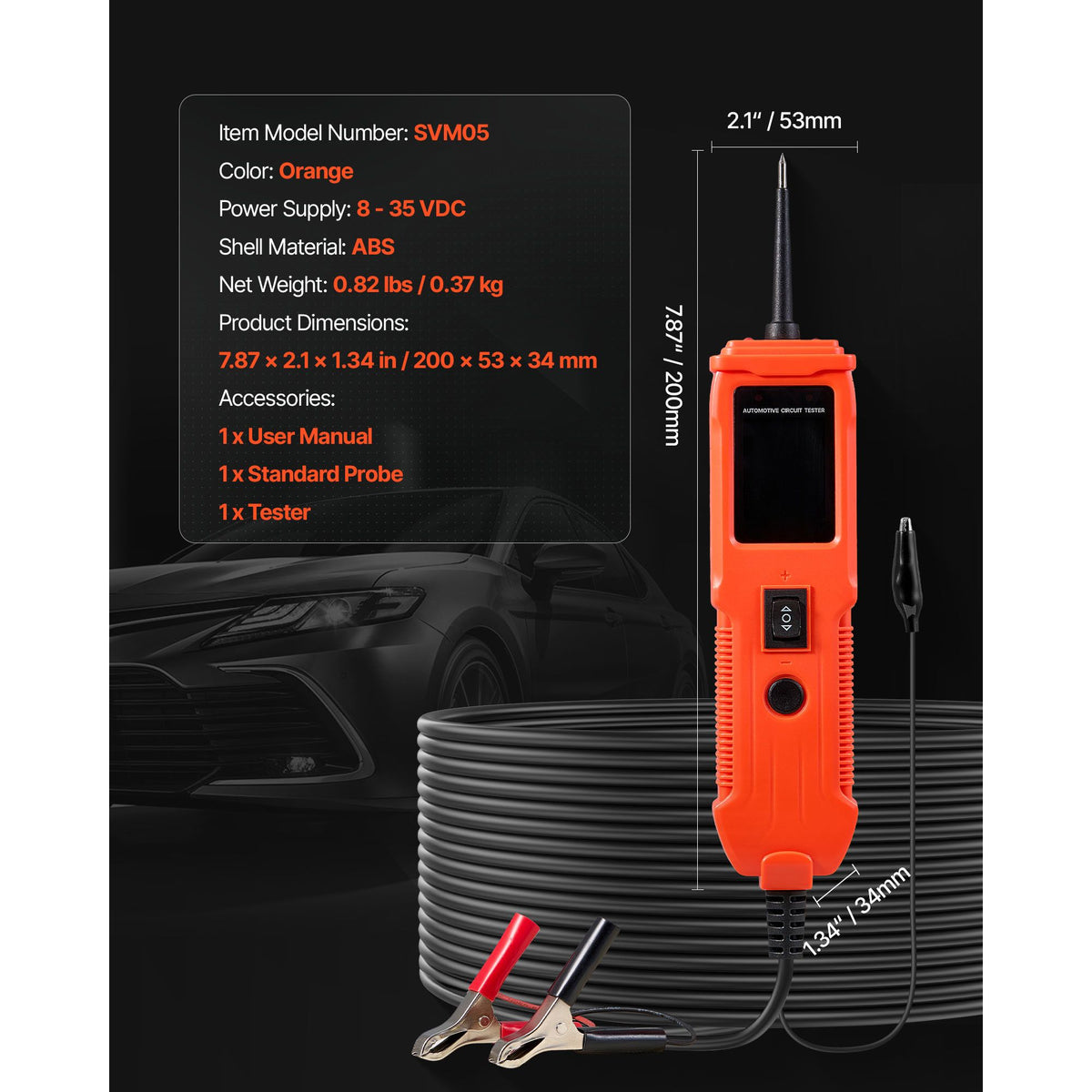 Automotive Circuit Tester, 8 - 35 DCV Power Circuit Probe Tester with TFT Color Display and Lighting, Automotive Power Tester Probe with 13 ft / 4 m Cable, ABS Shell Electrical Detector Finder
