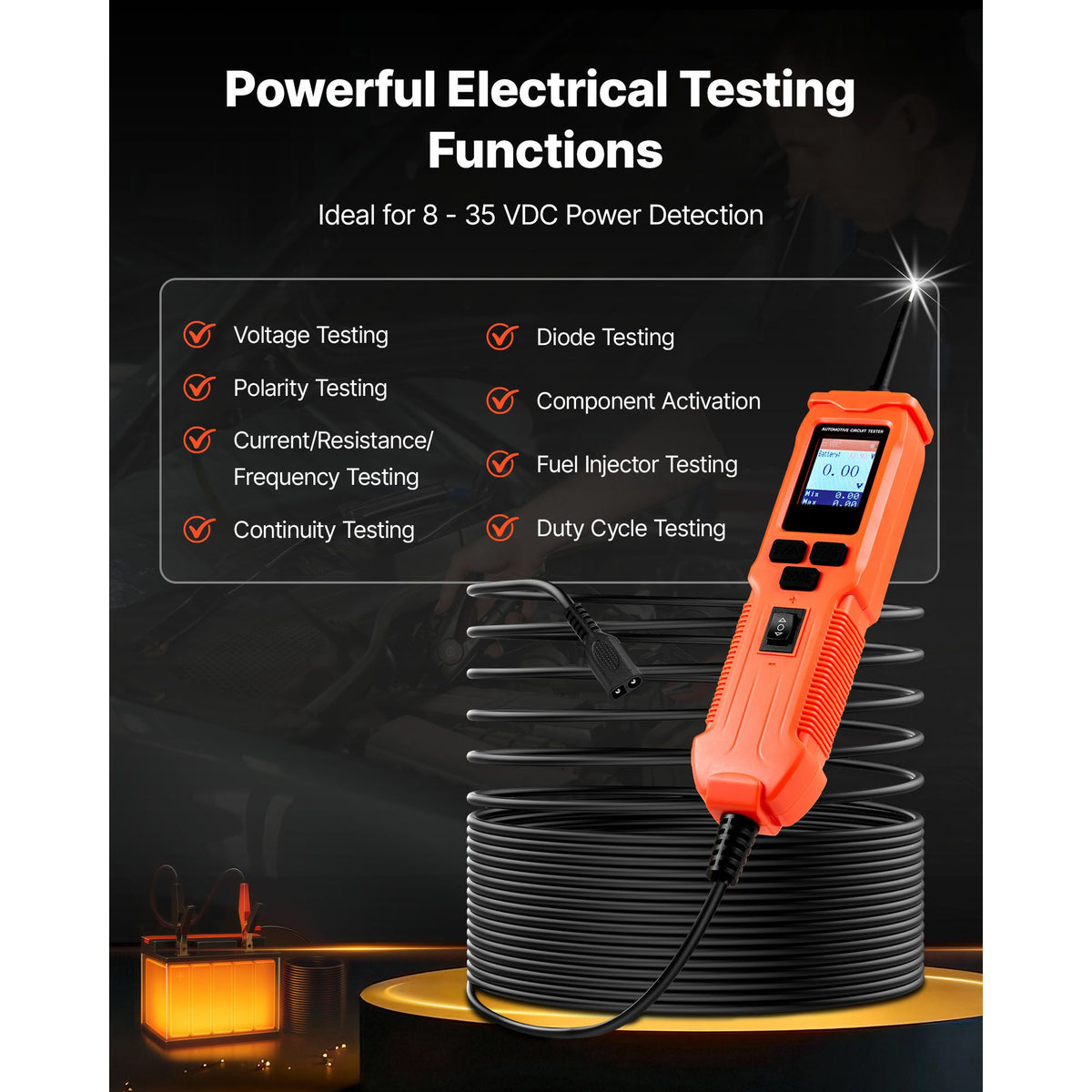 Automotive Circuit Tester, 8 - 35 DCV Power Circuit Probe Tester with TFT Color Display and Lighting, Automotive Power Tester Probe with 19.7 ft / 6 m Cable, 2-in-1 Electrical Detector Finder