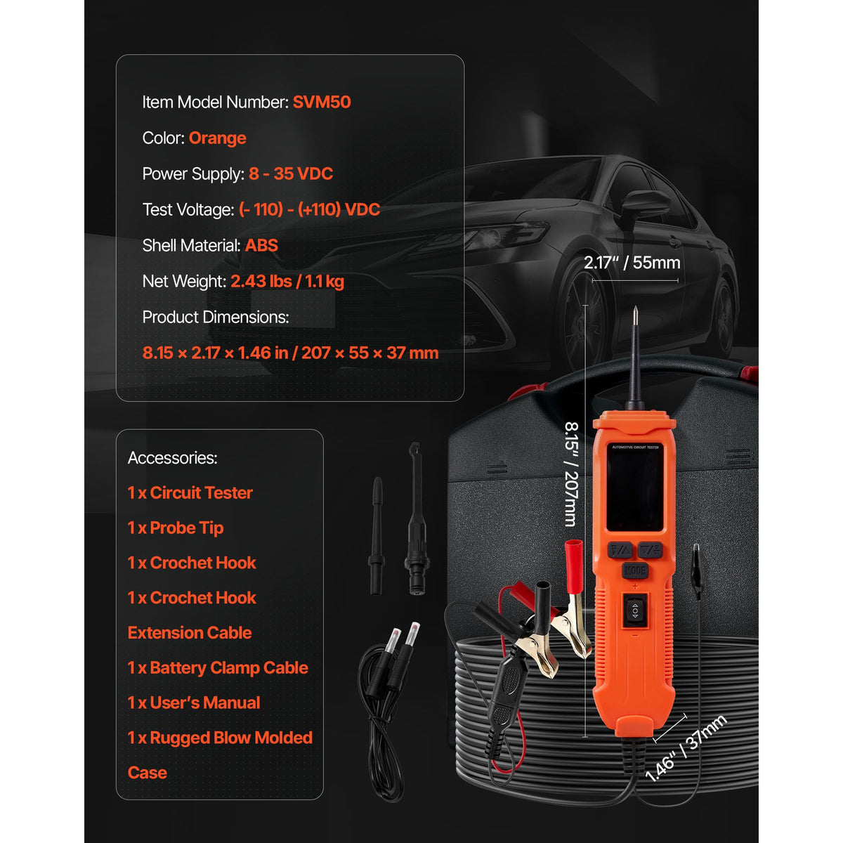 Automotive Circuit Tester, 8 - 35 DCV Power Circuit Probe Tester with TFT Color Display and Lighting, Automotive Power Tester Probe with 19.7 ft / 6 m Cable, 2-in-1 Electrical Detector Finder