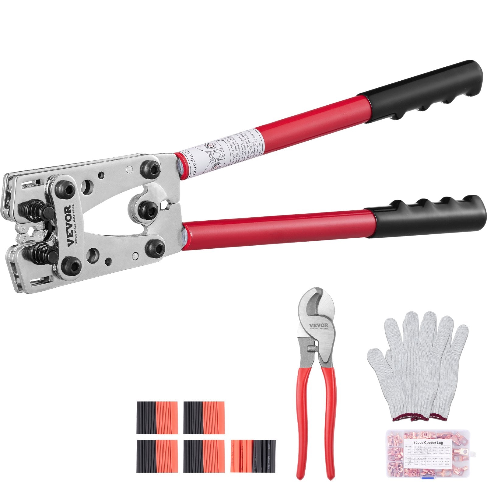 Cutters: VEVOR Battery Cable Lug Crimping Tool, 10-1/0AWG with Cable Cutter and 95PCS Copper Ring Terminals, 6 Wire Sizes Crimping Die and 100pcs Heat Shrink Tubes, for Heavy Duty Wire Lugs