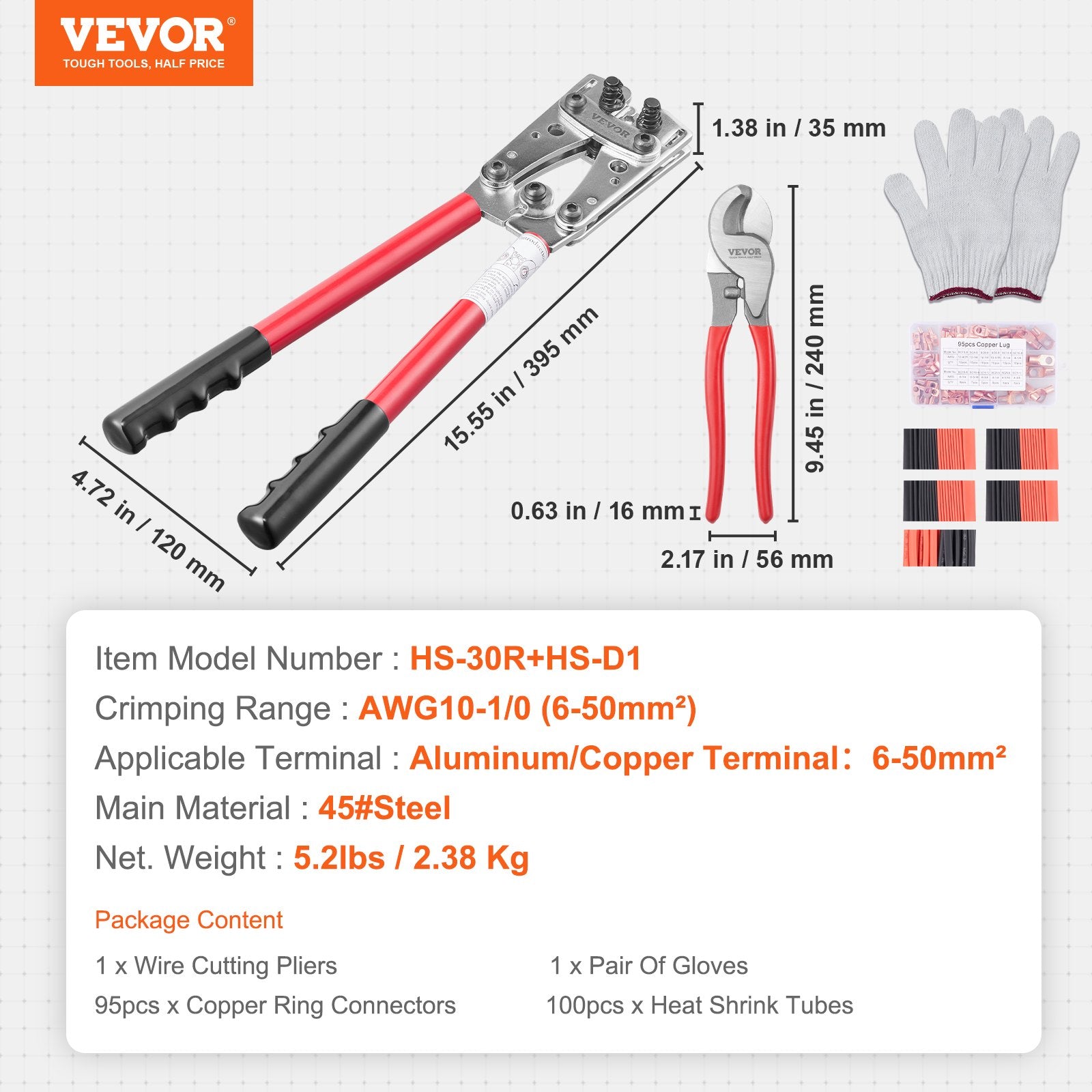 Cutters: VEVOR Battery Cable Lug Crimping Tool, 10-1/0AWG with Cable Cutter and 95PCS Copper Ring Terminals, 6 Wire Sizes Crimping Die and 100pcs Heat Shrink Tubes, for Heavy Duty Wire Lugs