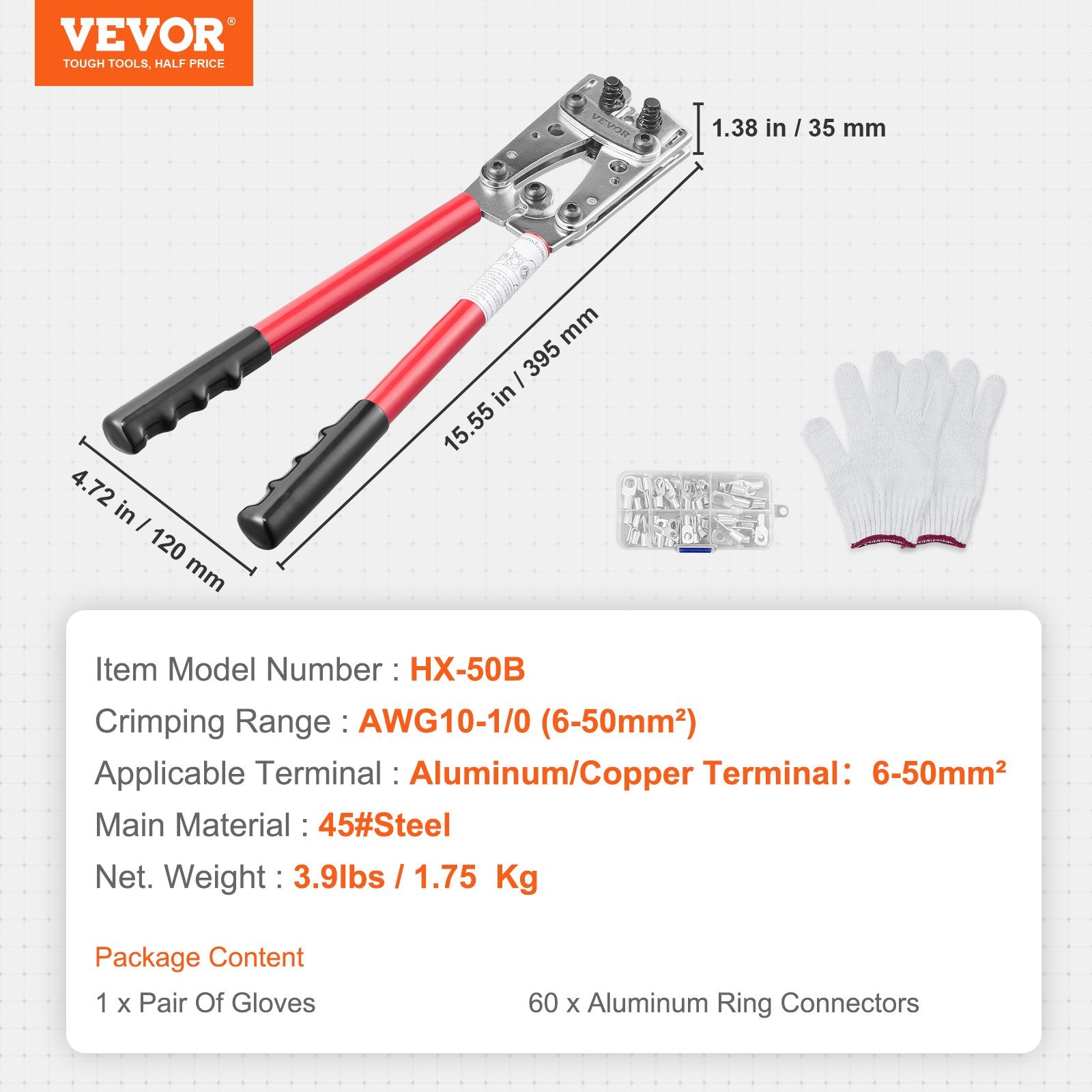 Power & Electrical Supplies: VEVOR Battery Cable Lug Crimping Tool, 10-1/0AWG Aluminum Terminal Battery Lug Crimper, with 60PCS Aluminum Ring Connectors Terminals 6 Wire Sizes Crimping Die, for Heavy Duty Wire Lugs