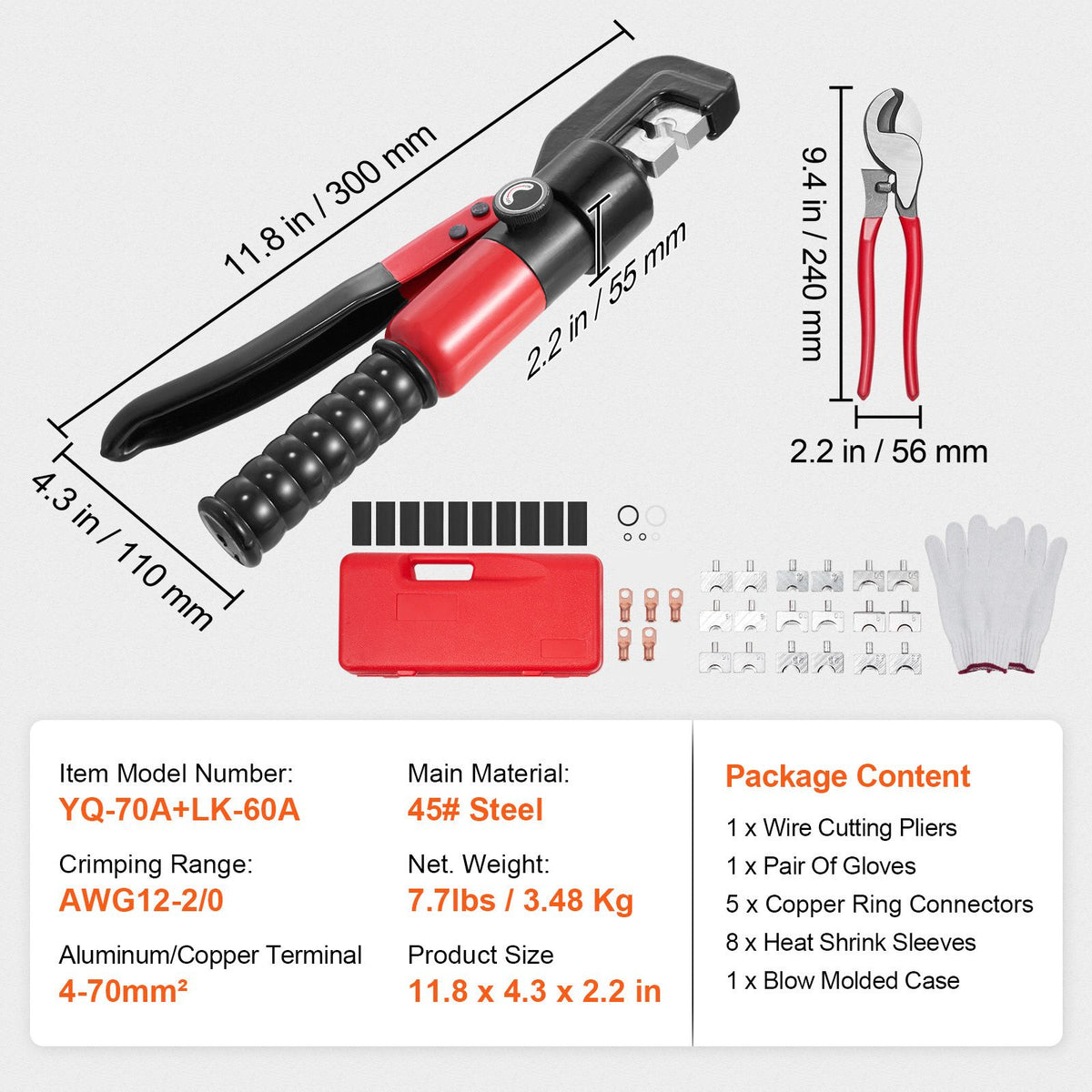 Hydraulic Crimping Tool with 9 Sets of Dies AWG12-2/0 Copper And Aluminum Terminal Battery Lug Crimper, with a Cutting Pliers, Gloves, 5pcs Copper Ring Connectors, 8pcs Heat Shrink Sleeves