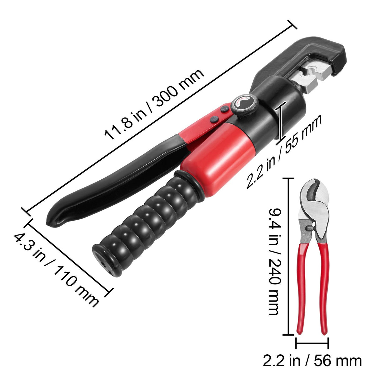 Hydraulic Crimping Tool with 9 Sets of Dies AWG12-2/0 Copper And Aluminum Terminal Battery Lug Crimper, with a Cutting Pliers, Gloves, 5pcs Copper Ring Connectors, 8pcs Heat Shrink Sleeves
